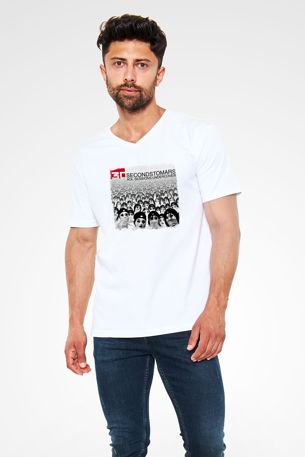 30 Seconds To Mars Baskılı Unisex Beyaz V Yaka Tişört