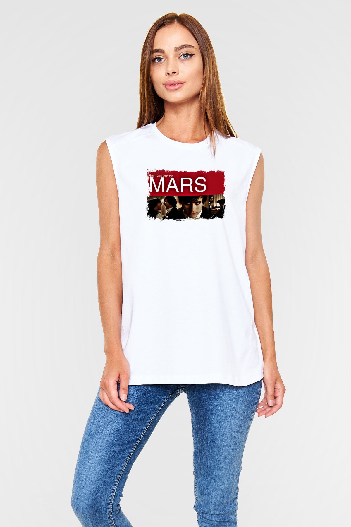 30 Seconds To Mars Baskılı Unisex Beyaz Kolsuz Tişört