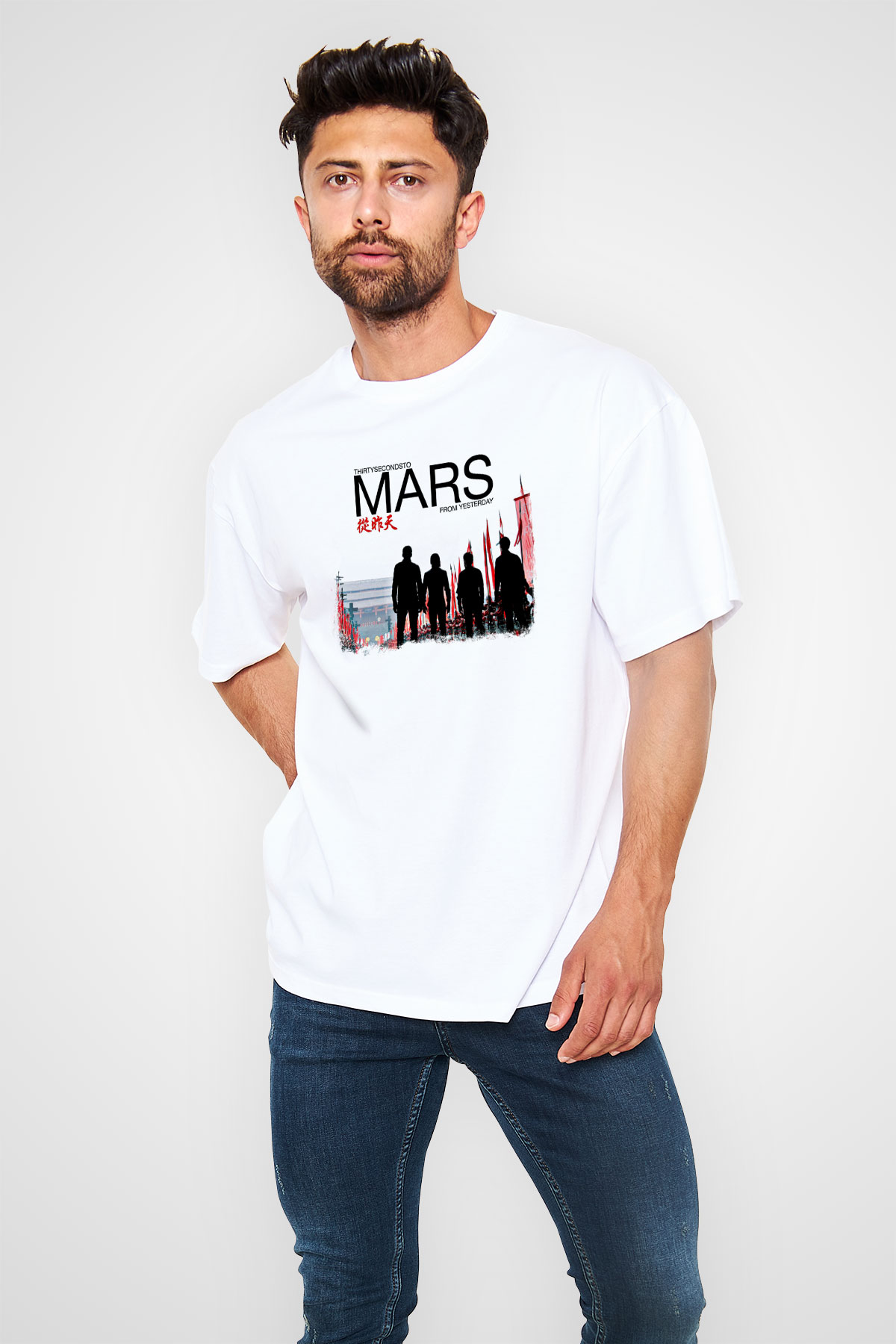 30 Seconds To Mars Baskılı Unisex Beyaz Oversize Tişört