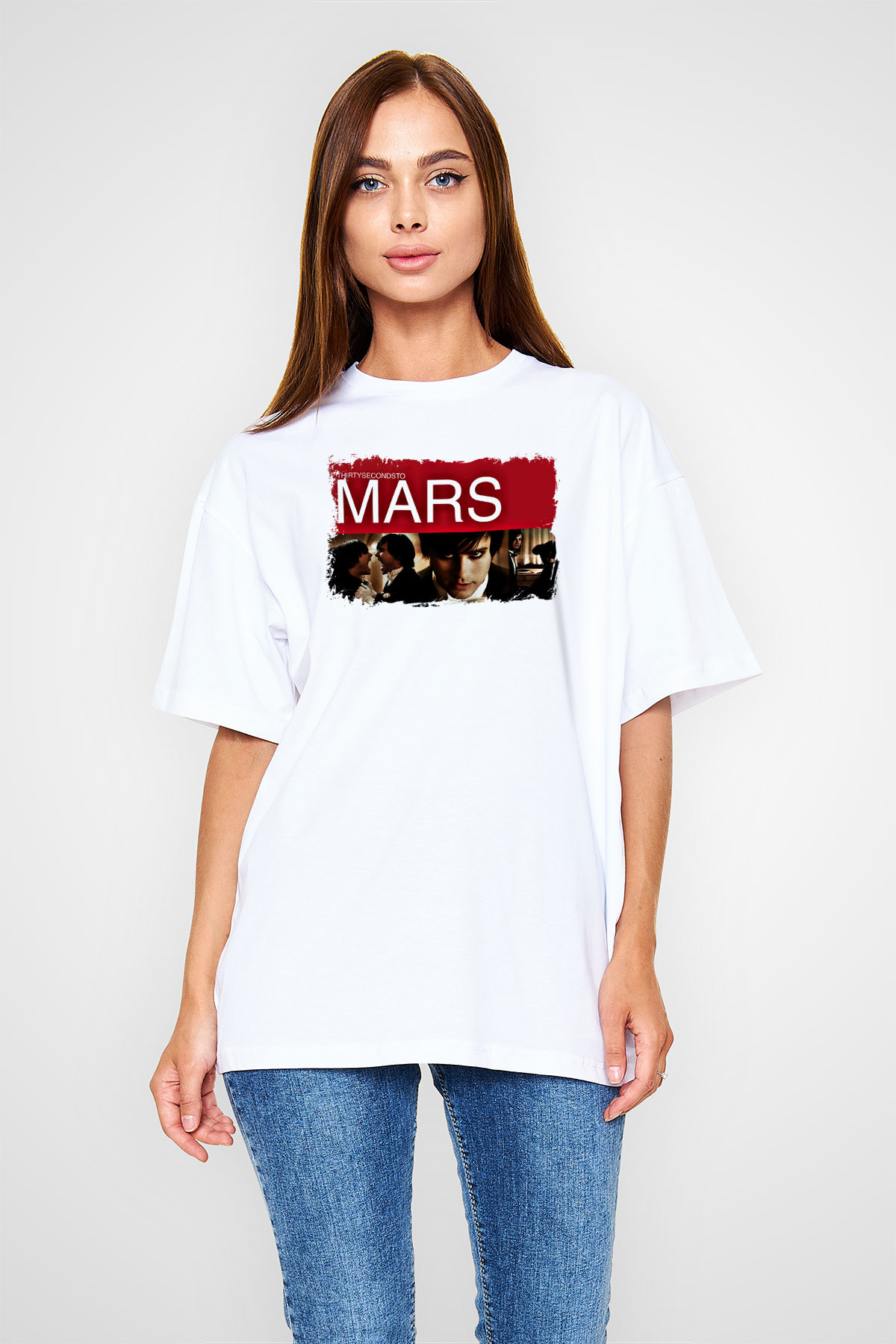 30 Seconds To Mars Baskılı Unisex Beyaz Oversize Tişört