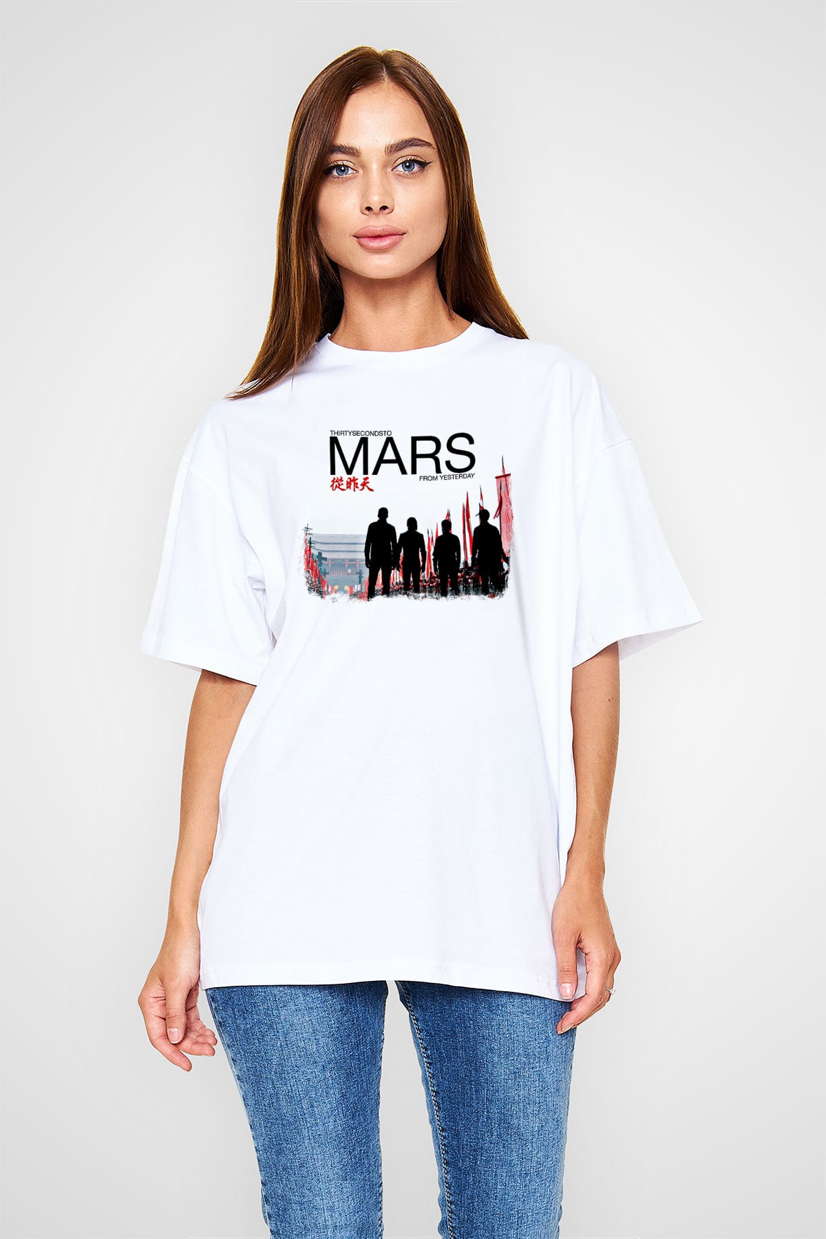 30 Seconds To Mars Baskılı Unisex Beyaz Oversize Tişört