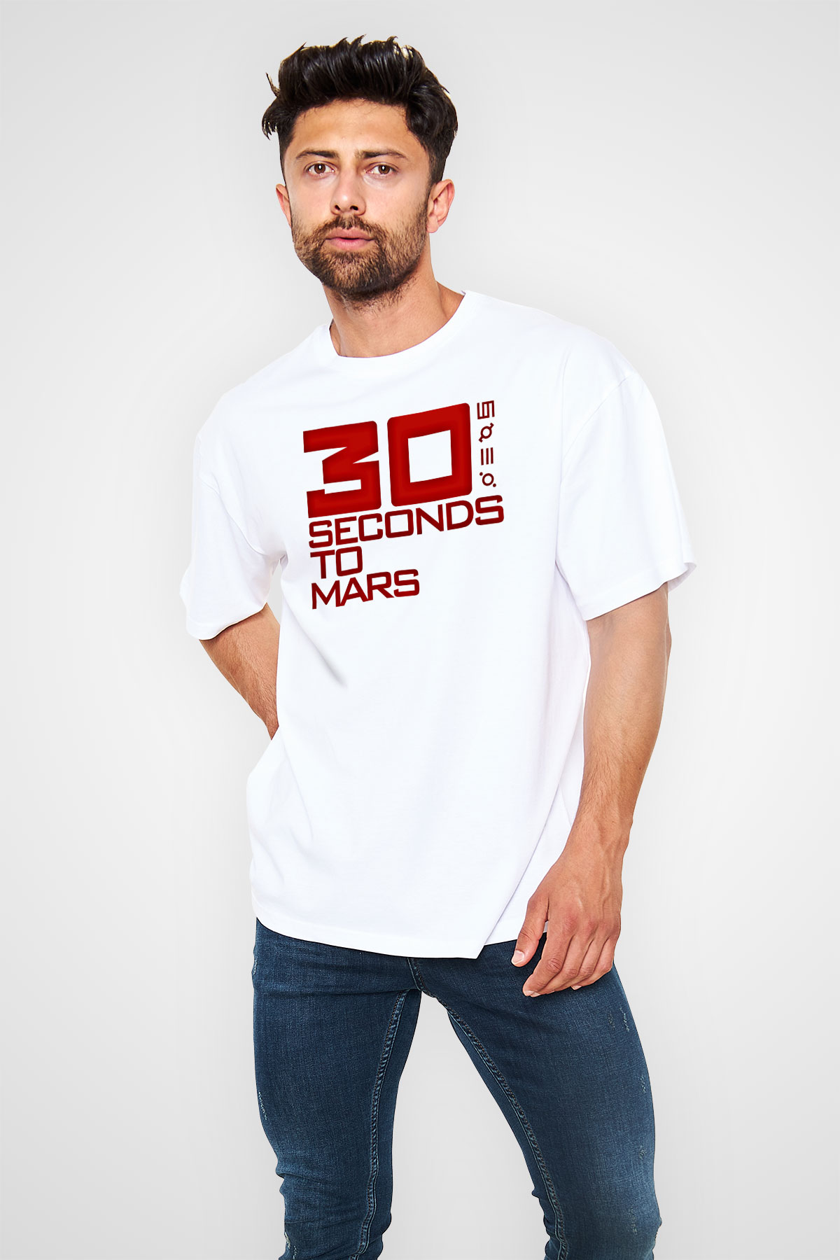 30 Seconds To Mars Baskılı Unisex Beyaz Oversize Tişört