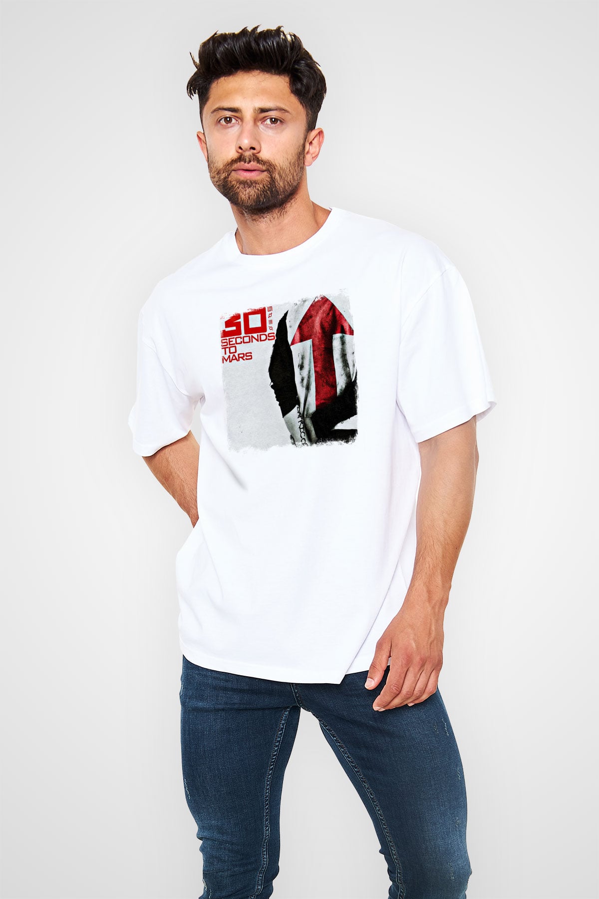 30 Seconds To Mars Baskılı Unisex Beyaz Oversize Tişört