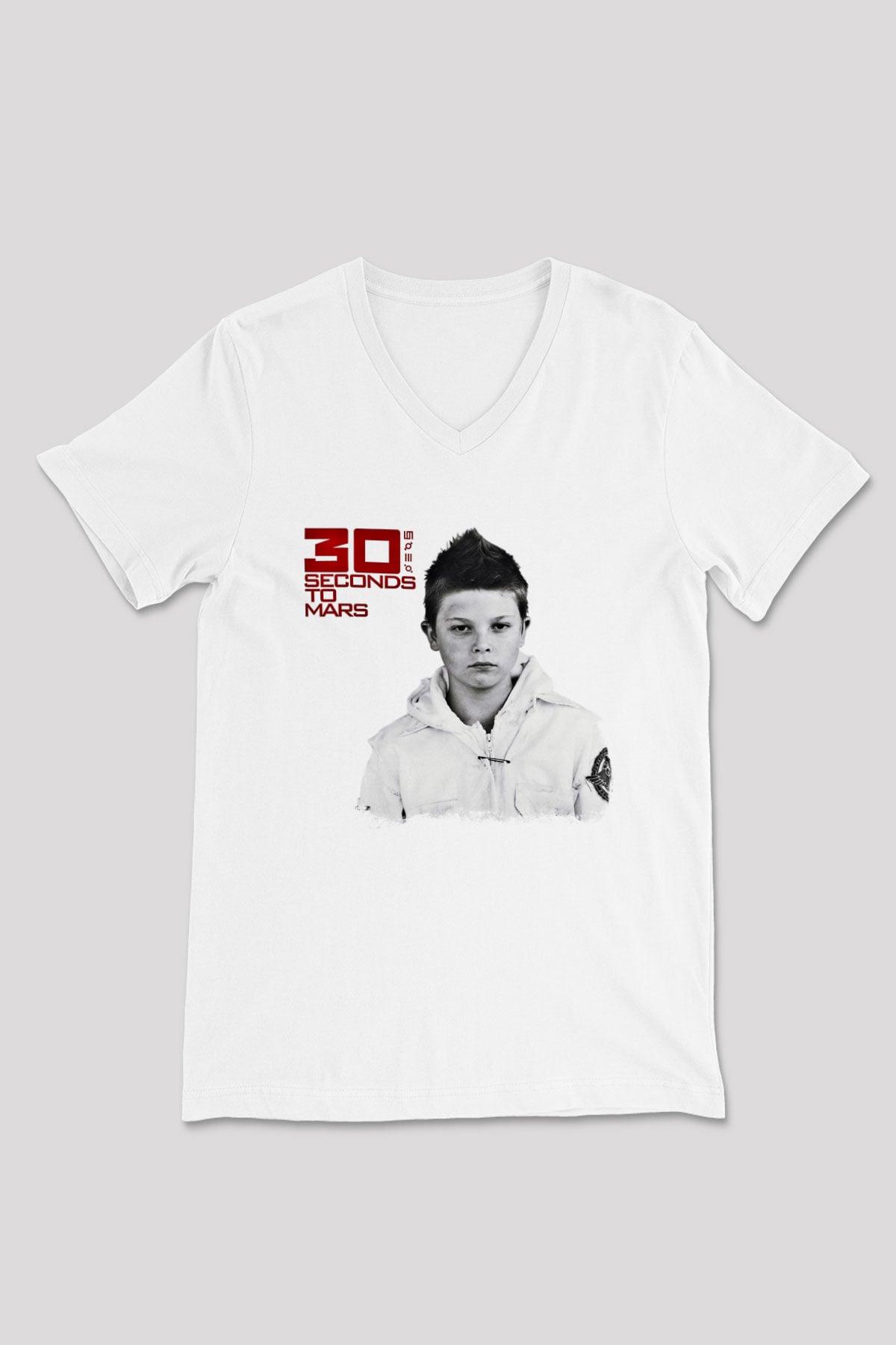 30 Seconds To Mars Baskılı Unisex Beyaz V Yaka Tişört