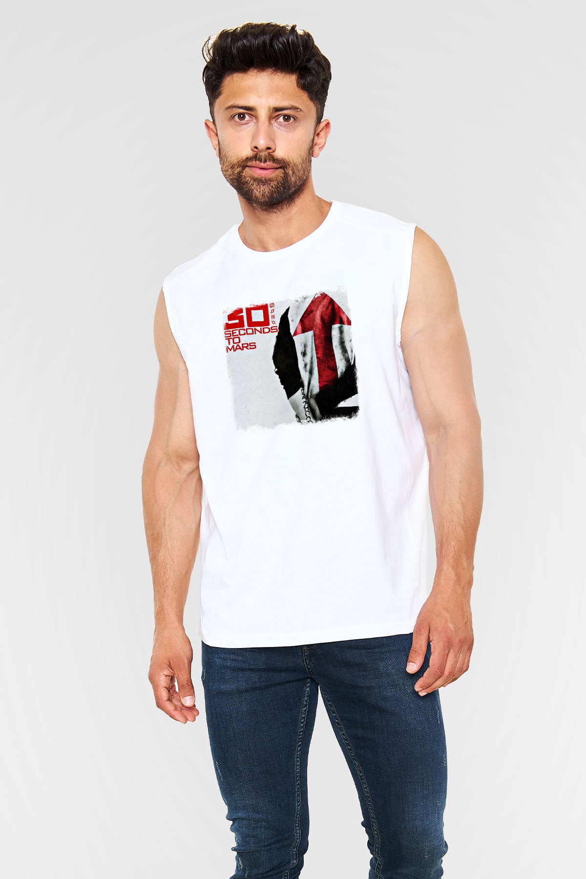 30 Seconds To Mars Baskılı Unisex Beyaz Kolsuz Tişört