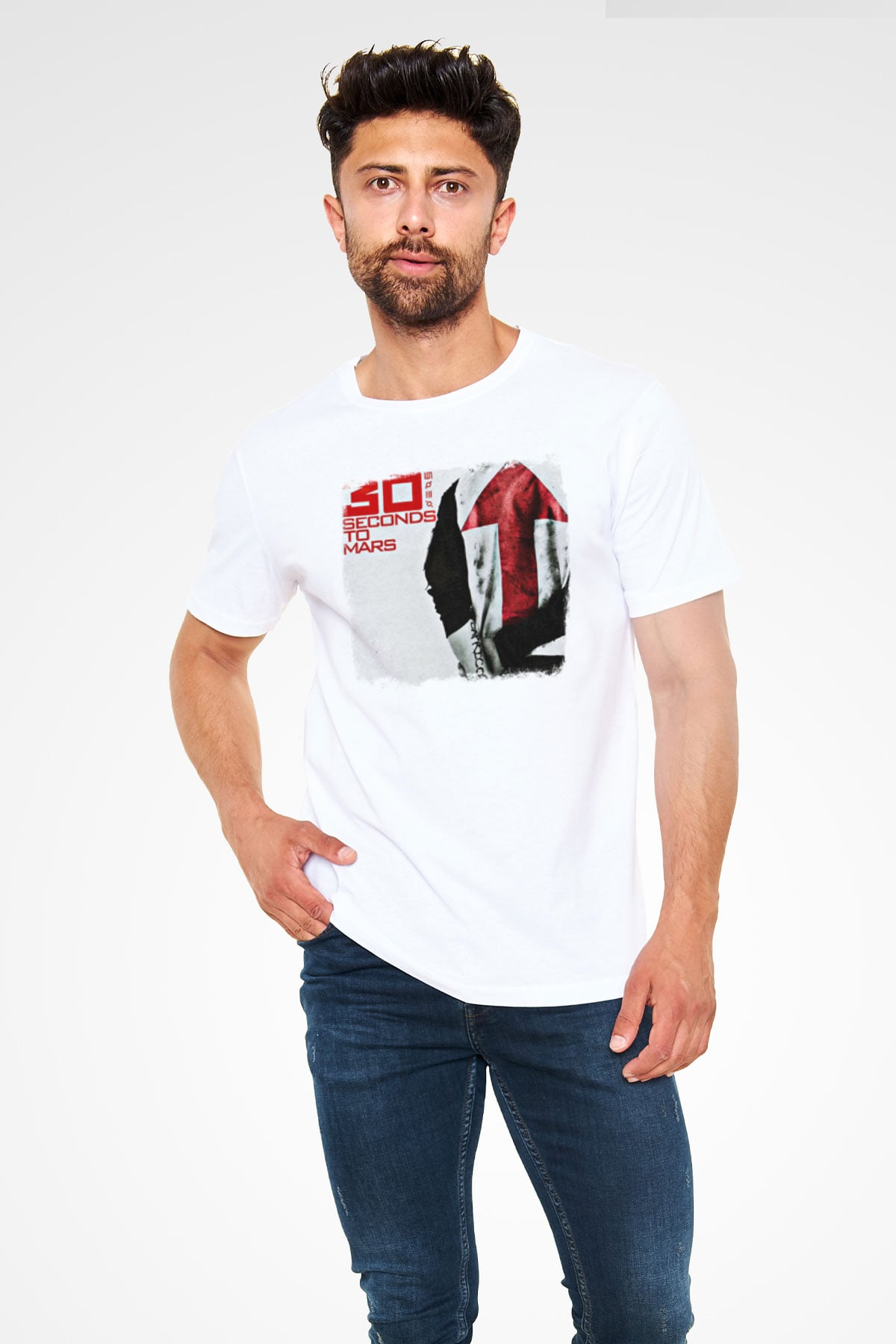30 Seconds To Mars Baskılı Unisex Beyaz Tişört
