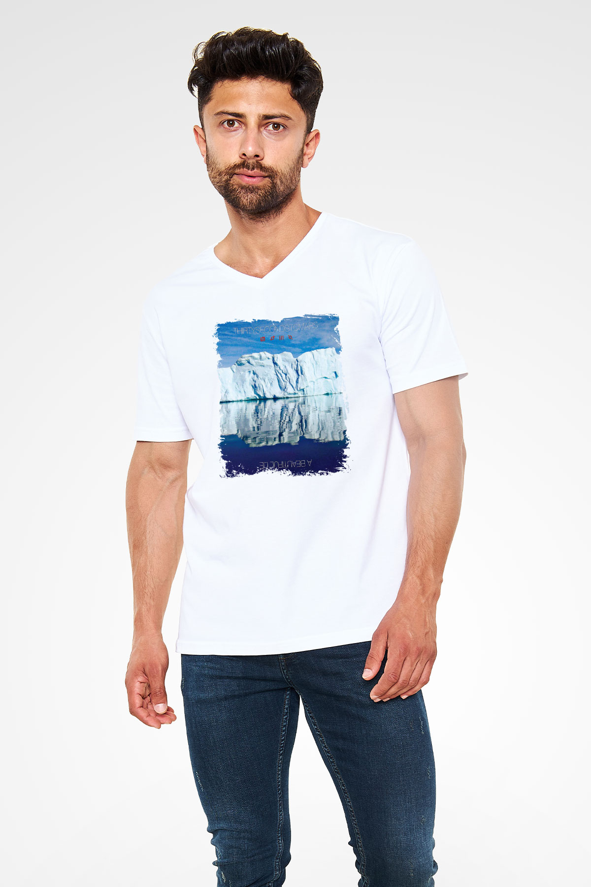 30 Seconds To Mars Baskılı Unisex Beyaz V Yaka Tişört