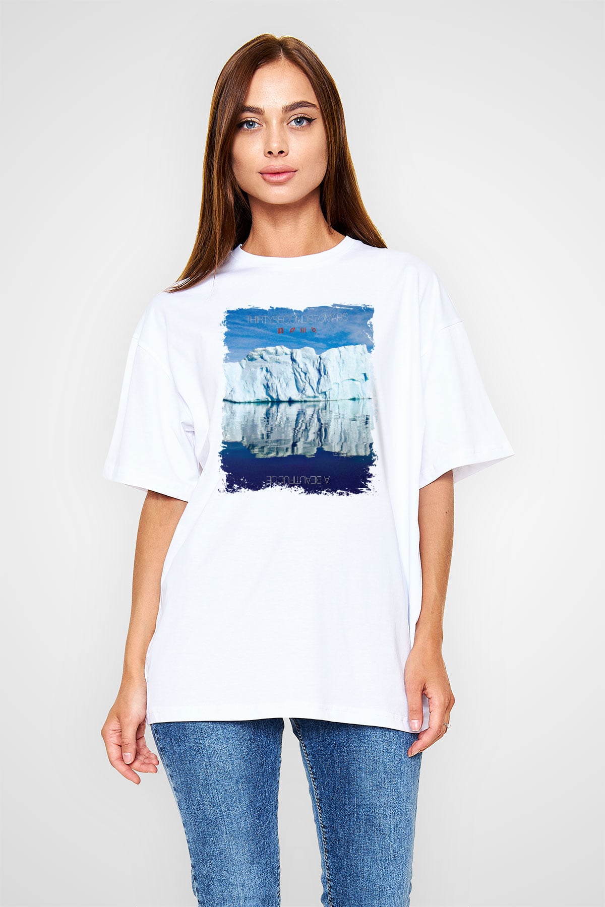 30 Seconds To Mars Baskılı Unisex Beyaz Oversize Tişört