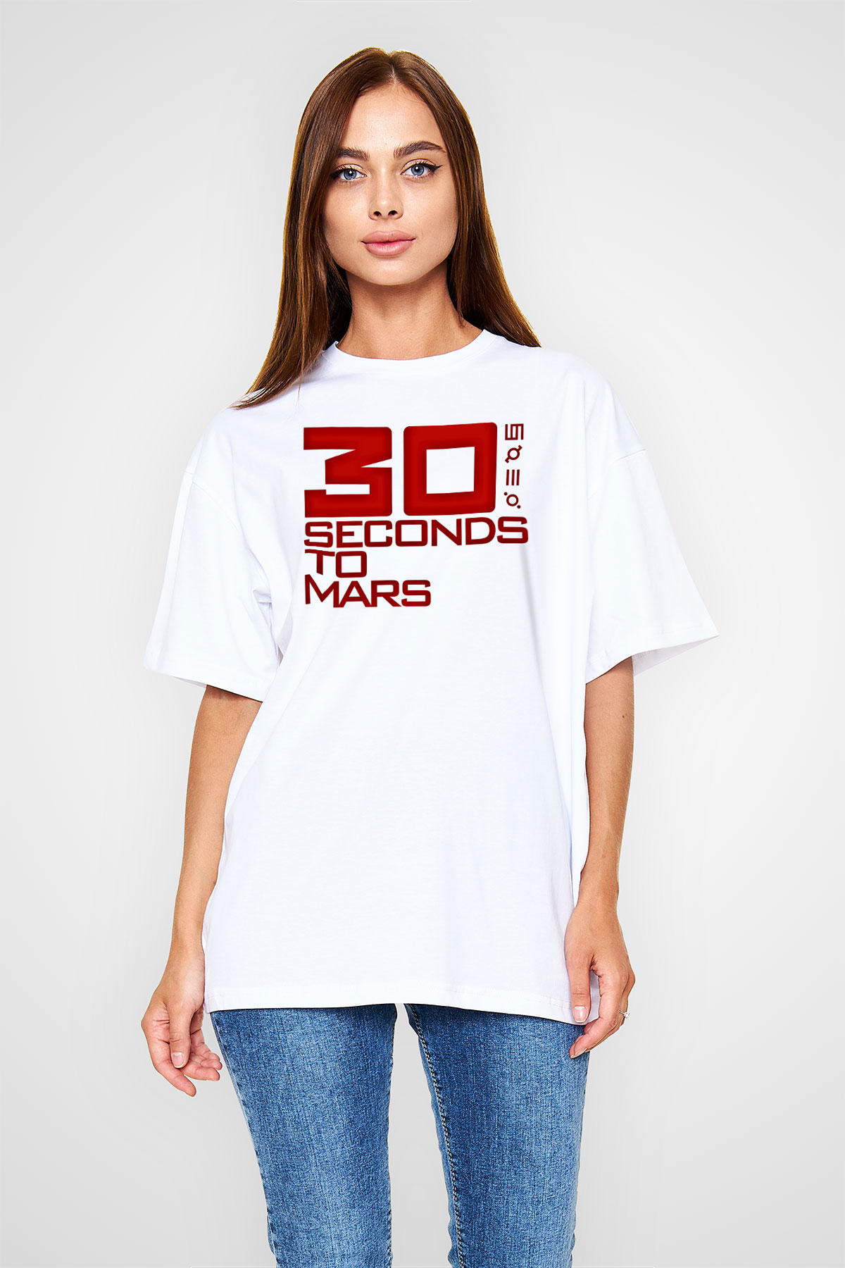 30 Seconds To Mars Baskılı Unisex Beyaz Oversize Tişört