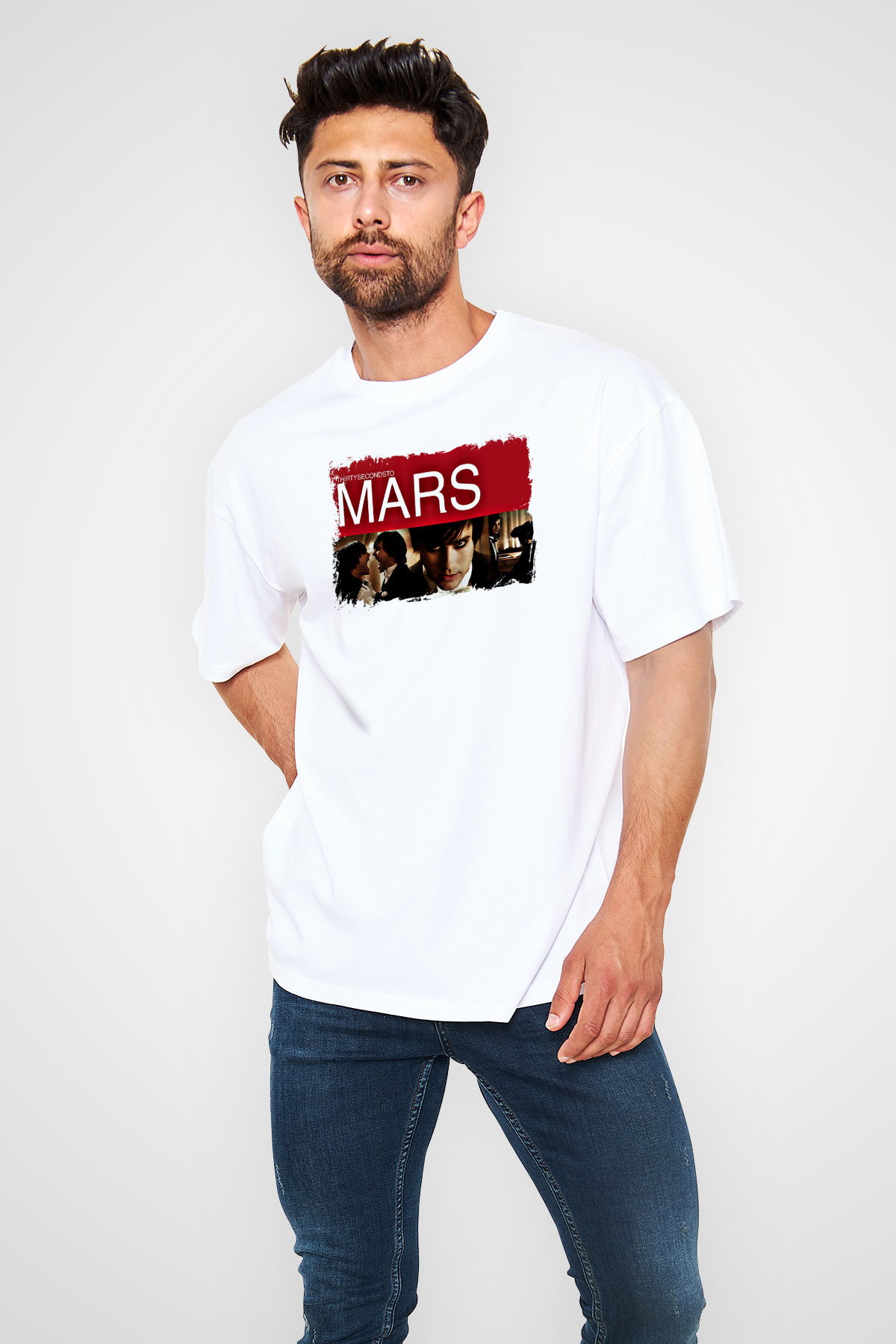 30 Seconds To Mars Baskılı Unisex Beyaz Oversize Tişört
