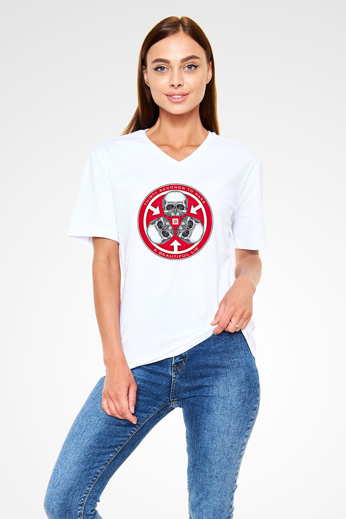 30 Seconds To Mars Baskılı Unisex Beyaz V Yaka Tişört
