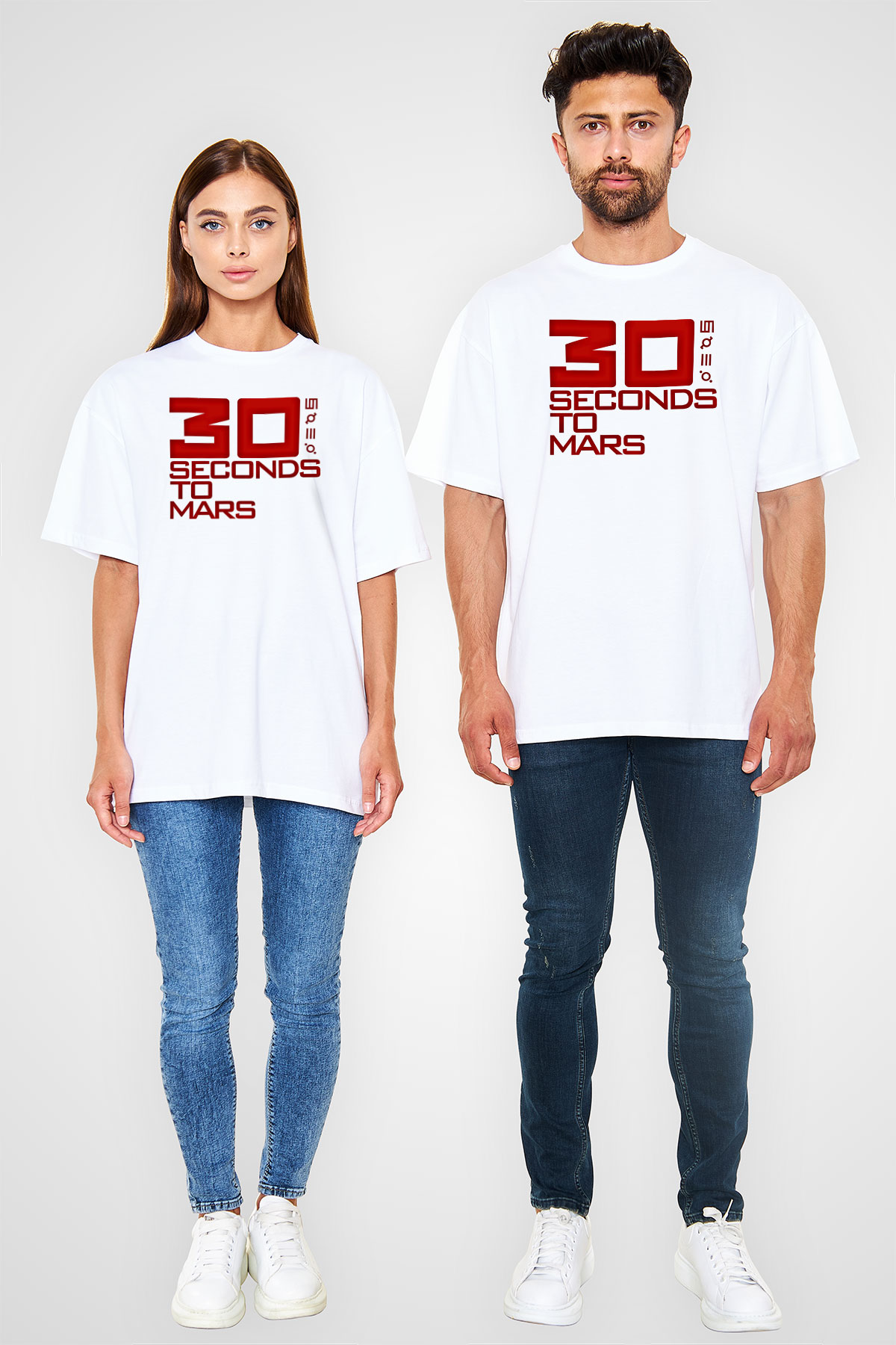 30 Seconds To Mars Baskılı Unisex Beyaz Oversize Tişört