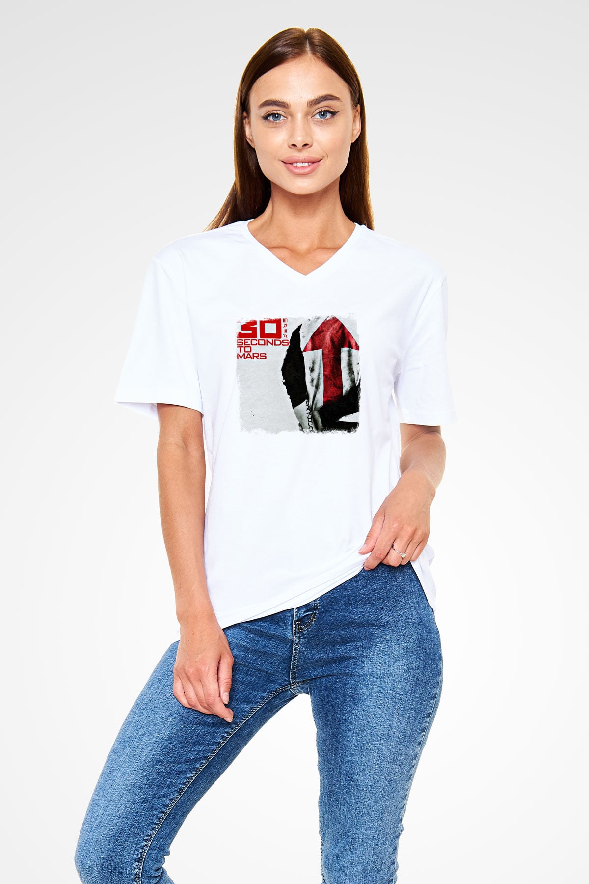 30 Seconds To Mars Baskılı Unisex Beyaz V Yaka Tişört