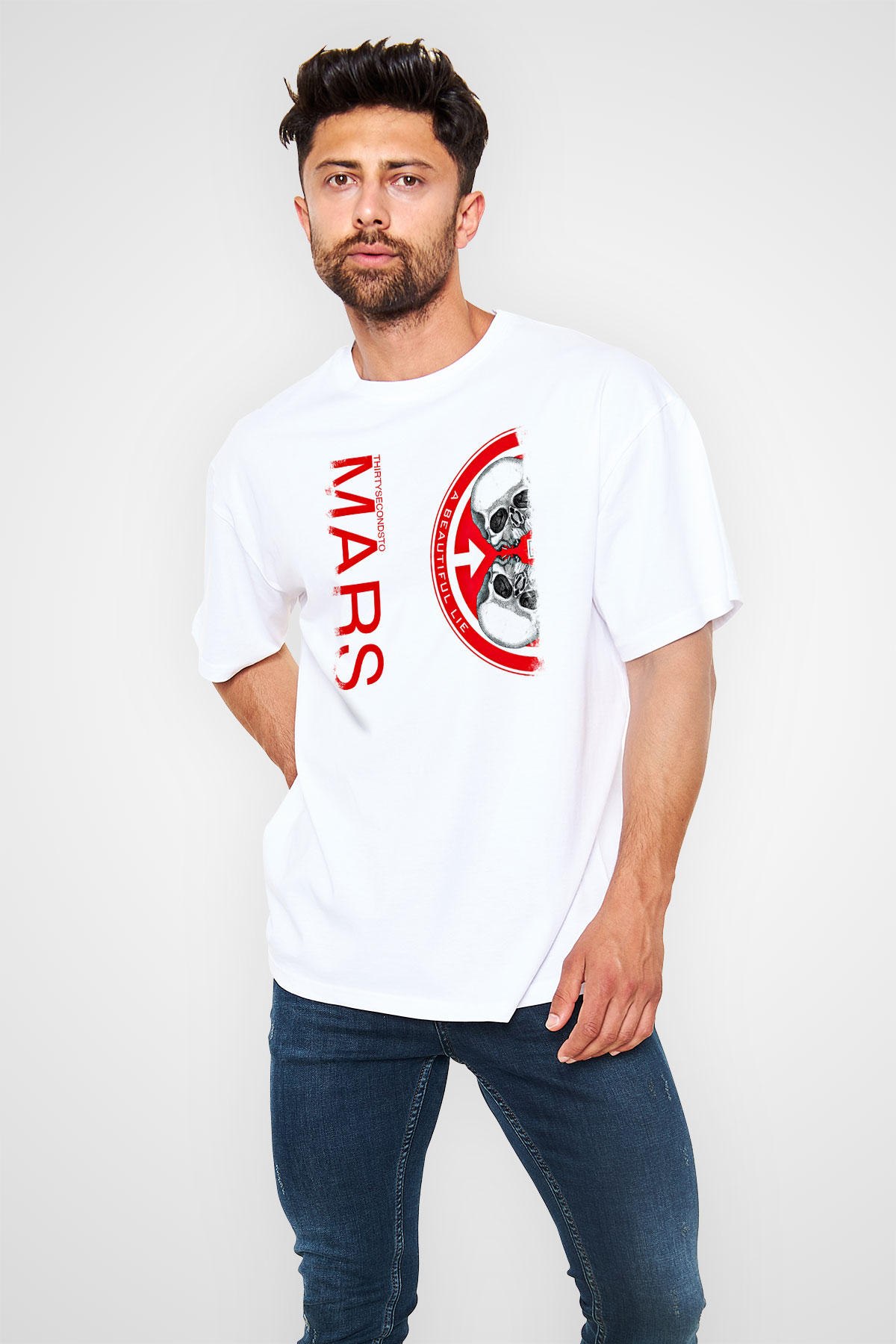 30 Seconds To Mars Baskılı Unisex Beyaz Oversize Tişört