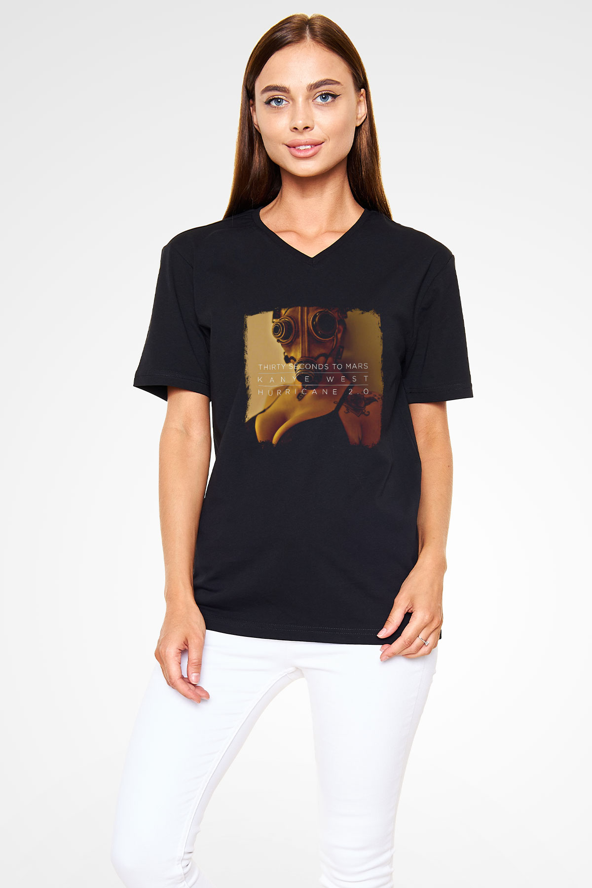 30 Seconds To Mars Baskılı Unisex Siyah V Yaka Tişört