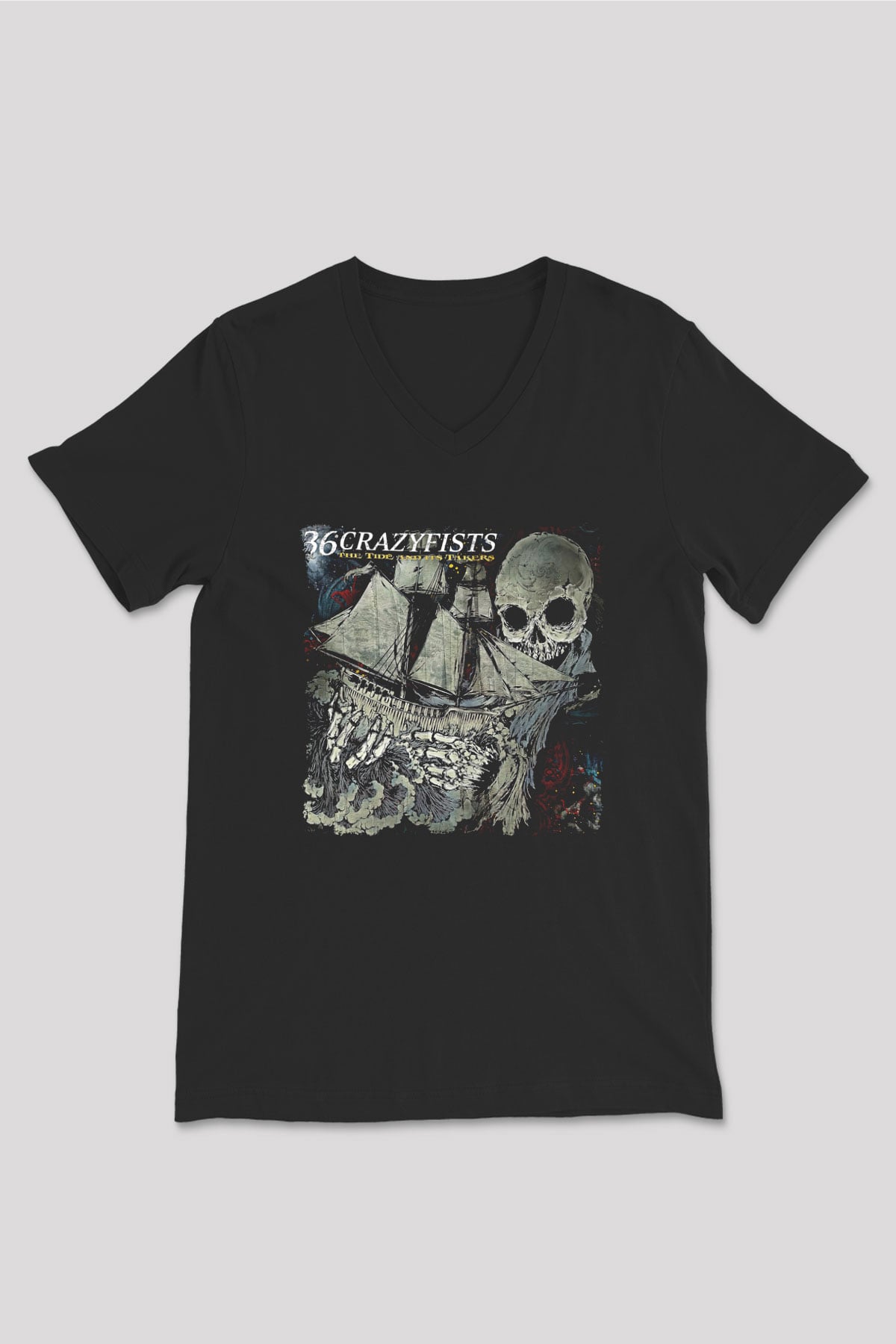 36 Crazyfists Baskılı Unisex Siyah V Yaka Tişört - Tshirt