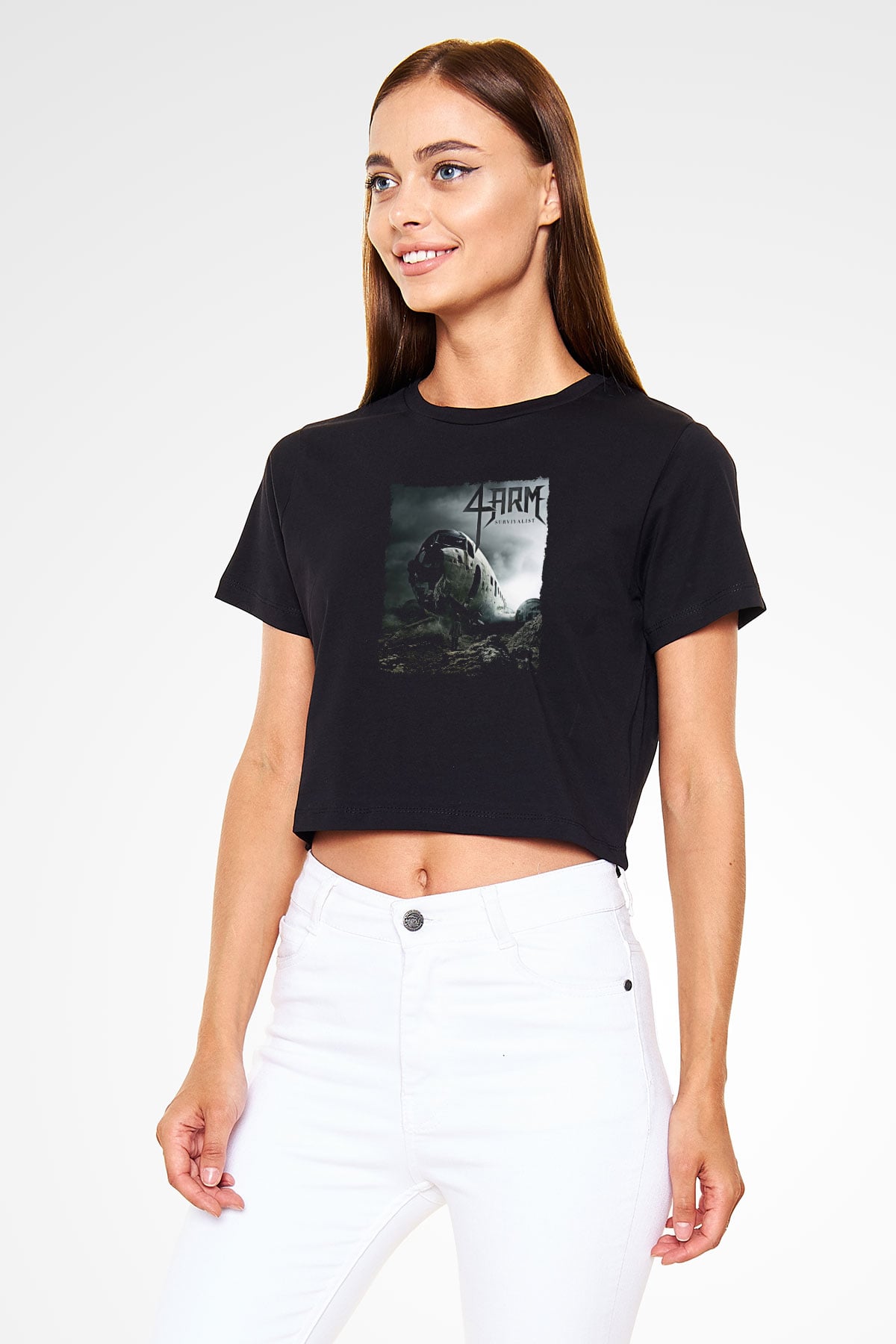4arm Baskılı Siyah Crop Top Kadın Tişört - Tshirt