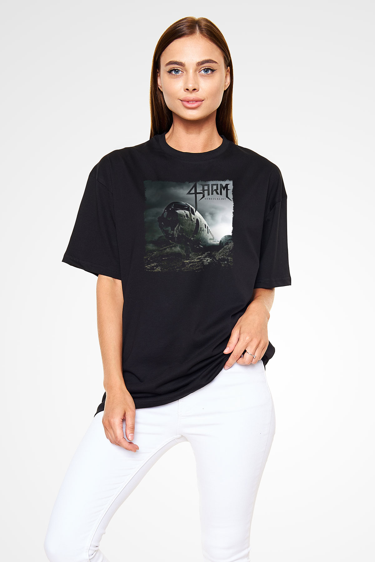 4arm Baskılı Unisex Siyah Oversize Tişört - Tshirt
