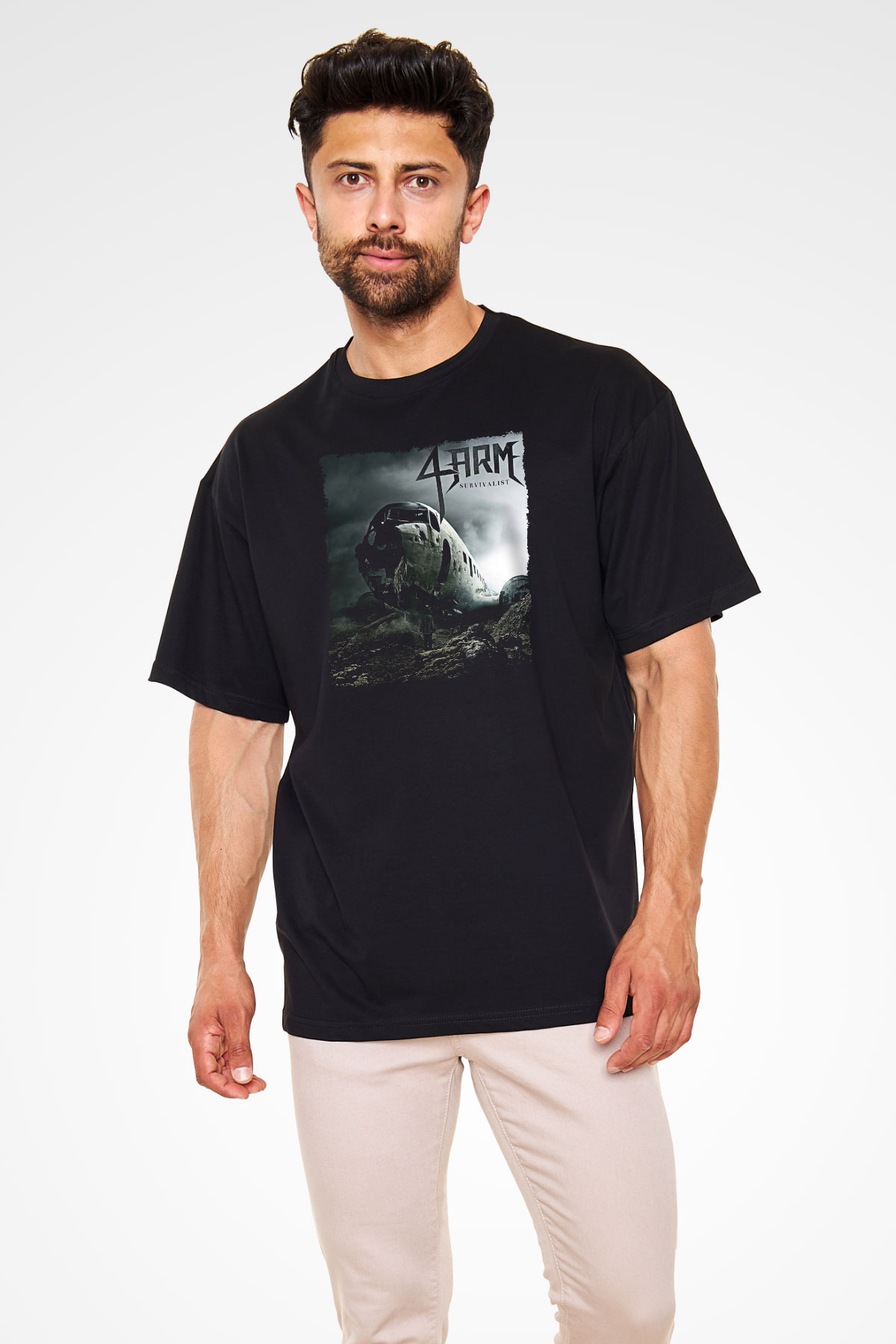 4arm Baskılı Unisex Siyah Oversize Tişört - Tshirt