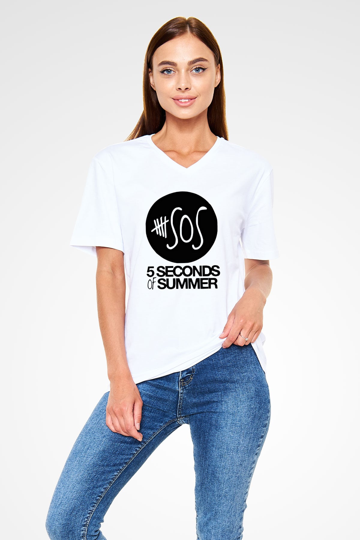 5 Seconds Of Summer Baskılı Unisex Beyaz V Yaka Tişört