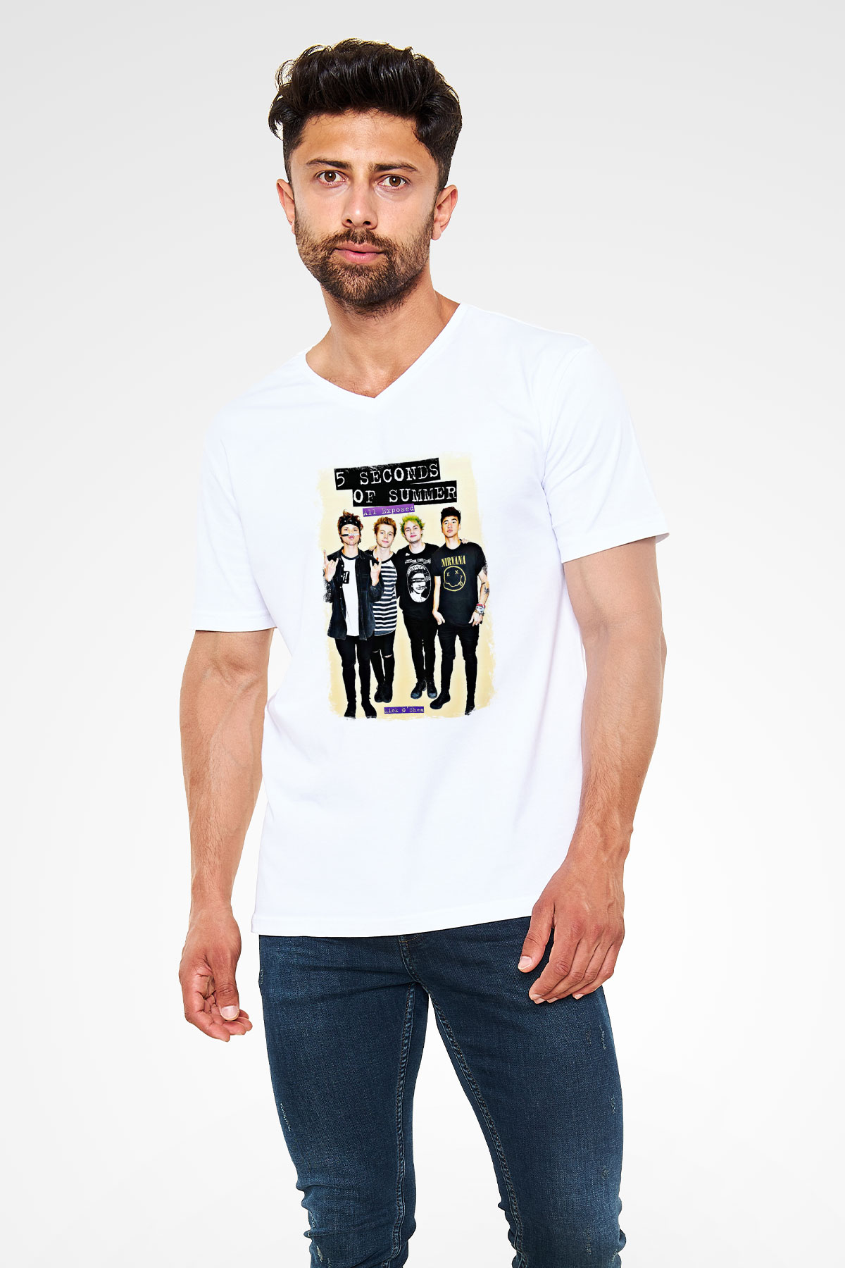 5 Seconds Of Summer Baskılı Unisex Beyaz V Yaka Tişört
