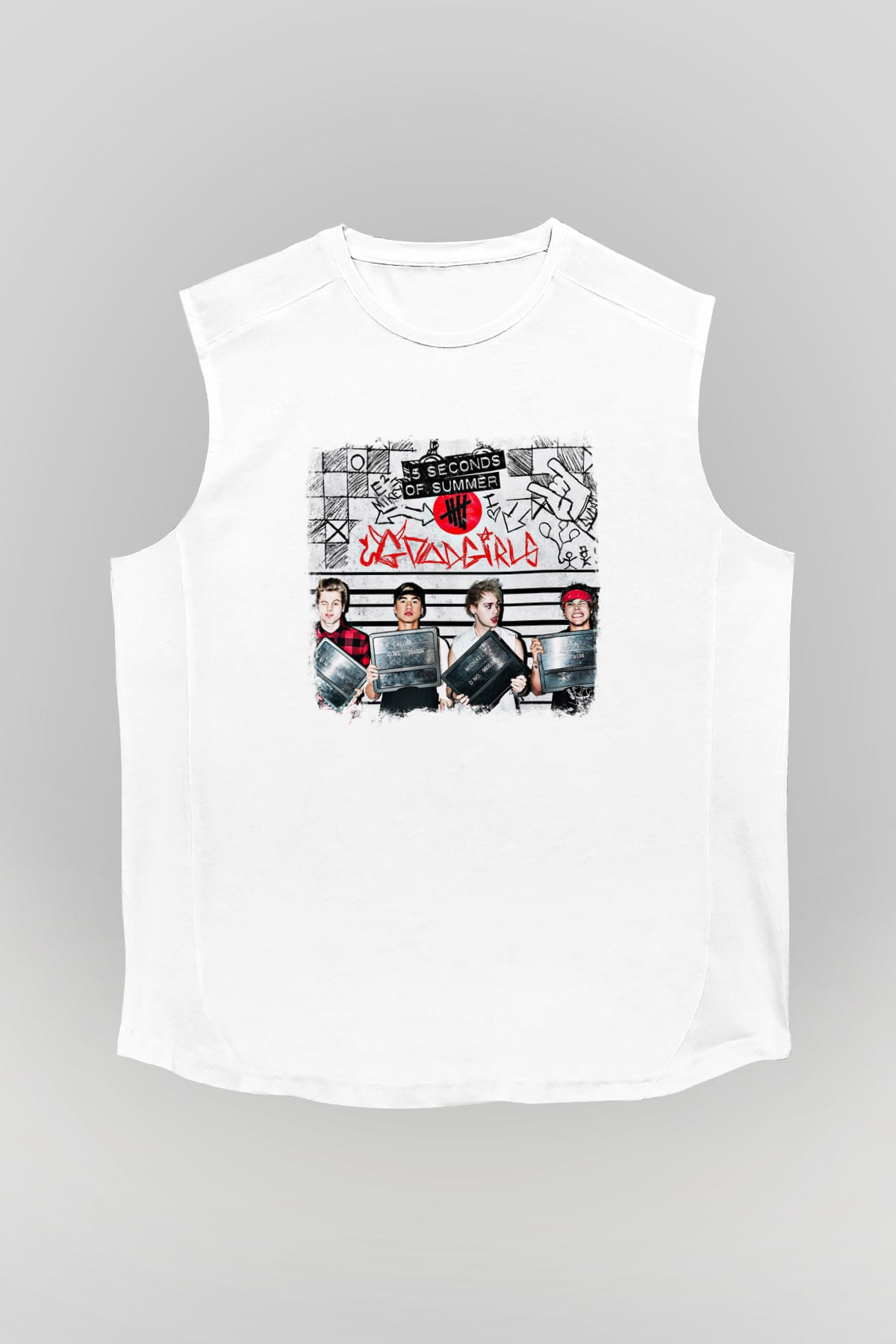 5 Seconds Of Summer Baskılı Unisex Beyaz Kolsuz Tişört
