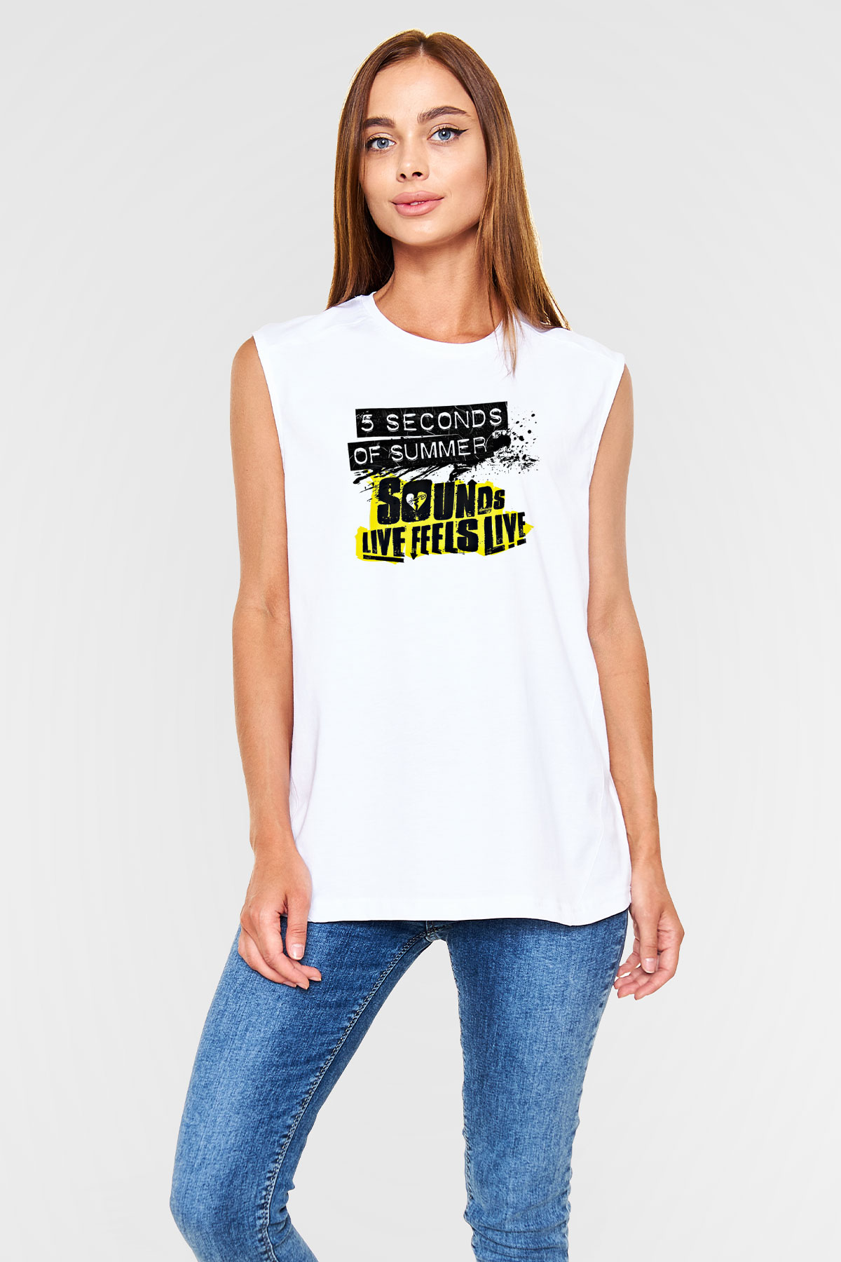 5 Seconds Of Summer Baskılı Unisex Beyaz Kolsuz Tişört