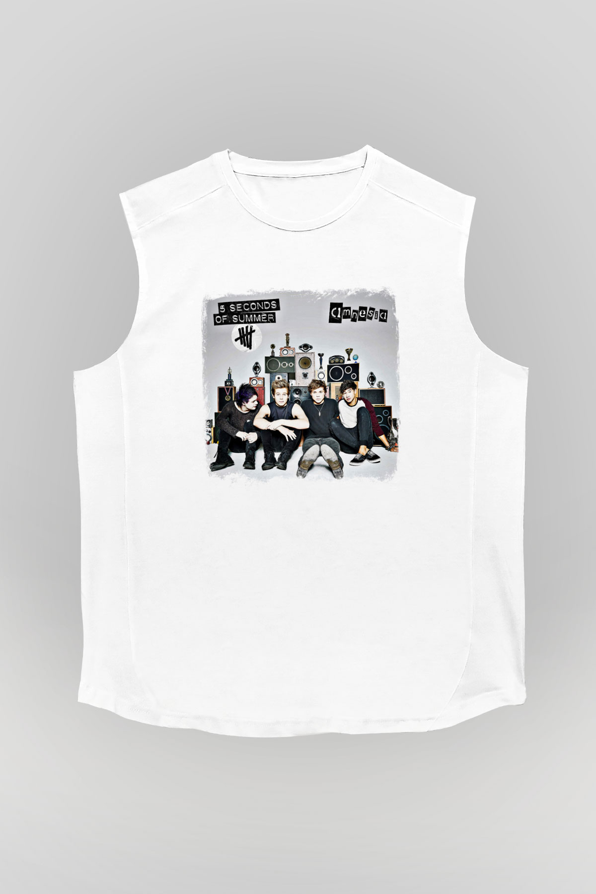 5 Seconds Of Summer Baskılı Unisex Beyaz Kolsuz Tişört