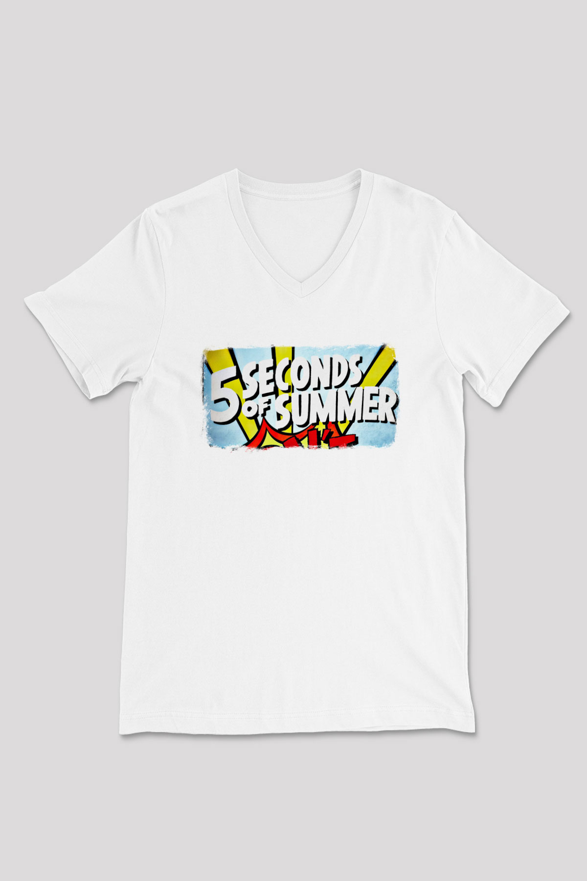 5 Seconds Of Summer Baskılı Unisex Beyaz V Yaka Tişört