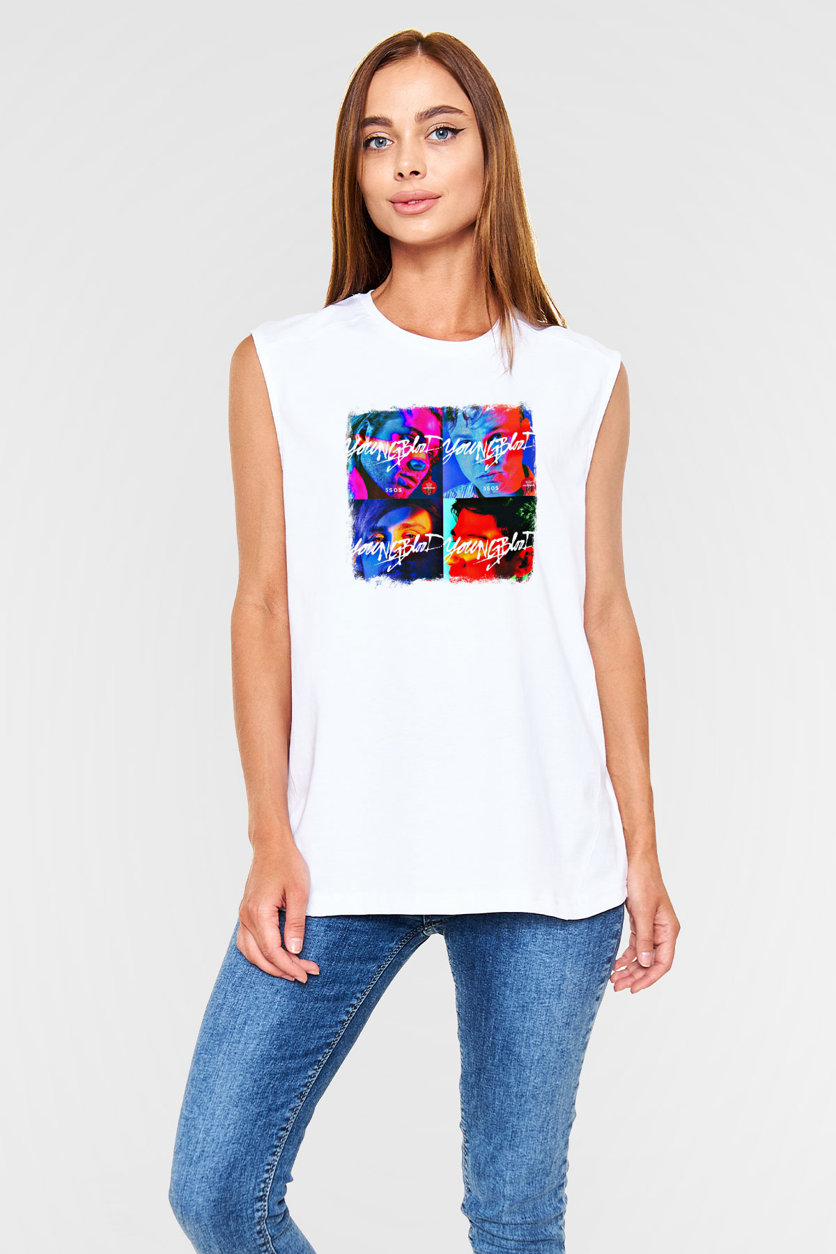 5 Seconds Of Summer Baskılı Unisex Beyaz Kolsuz Tişört