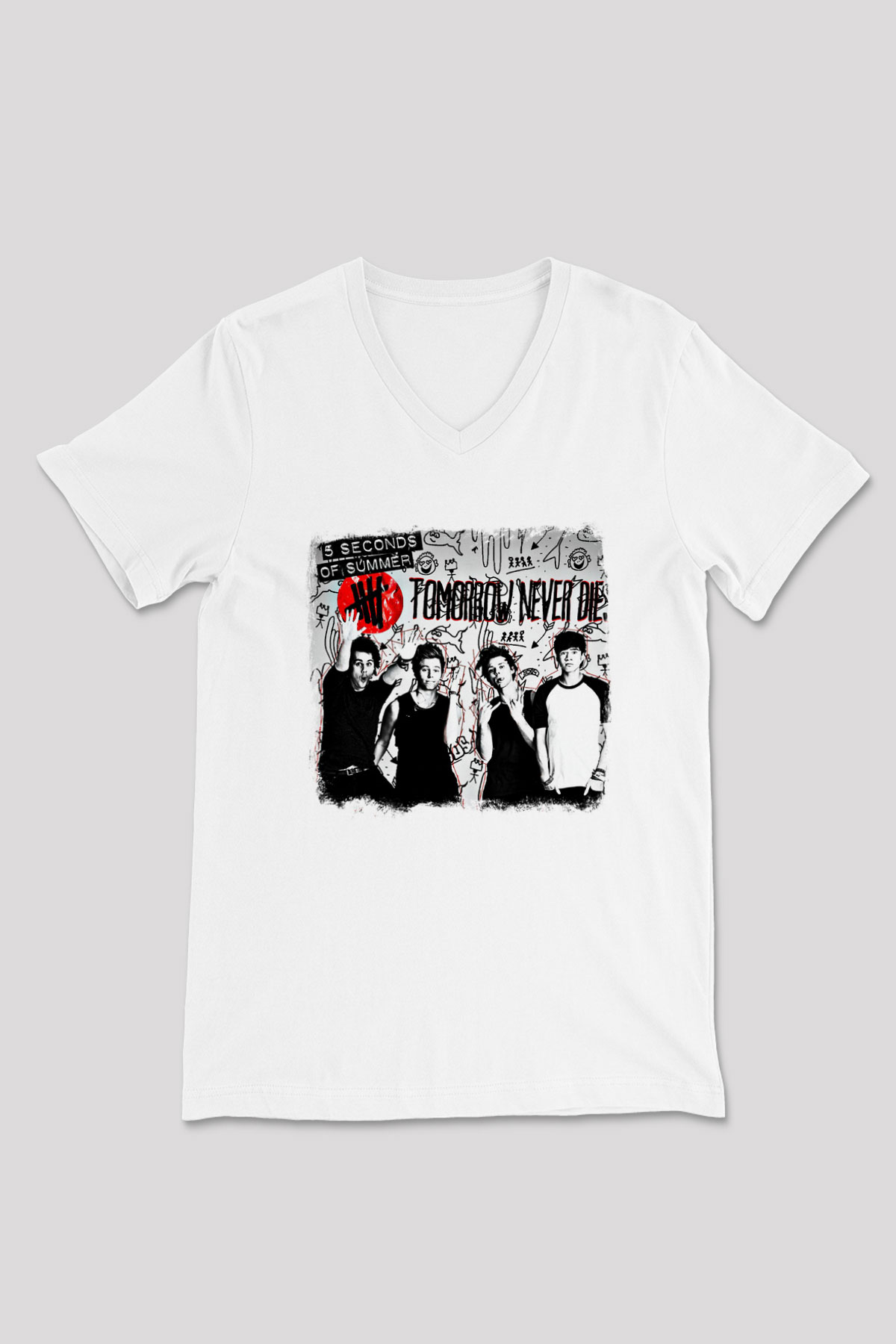 5 Seconds Of Summer Baskılı Unisex Beyaz V Yaka Tişört