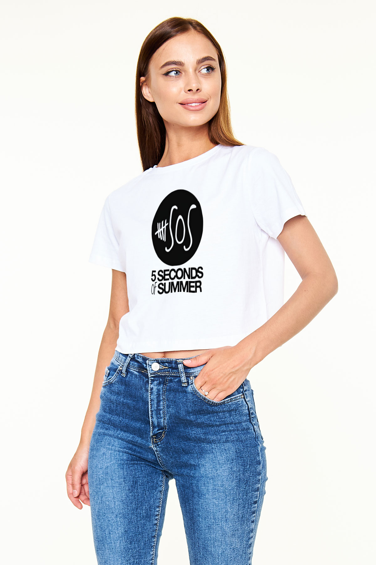 5 Seconds Of Summer Baskılı Unisex Beyaz Crop Top Tişört