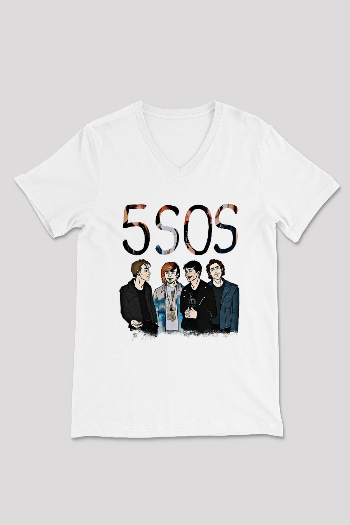 5 Seconds Of Summer Baskılı Unisex Beyaz V Yaka Tişört