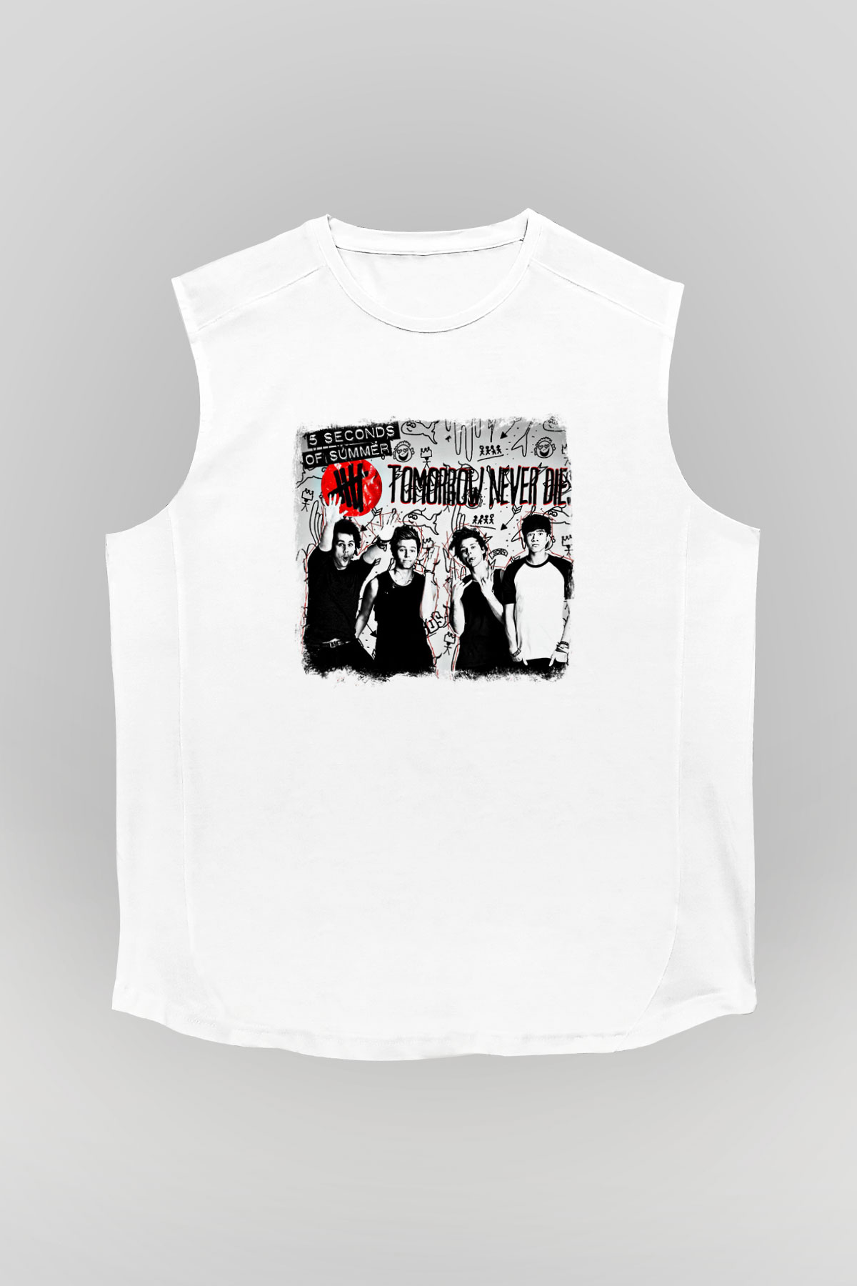 5 Seconds Of Summer Baskılı Unisex Beyaz Kolsuz Tişört