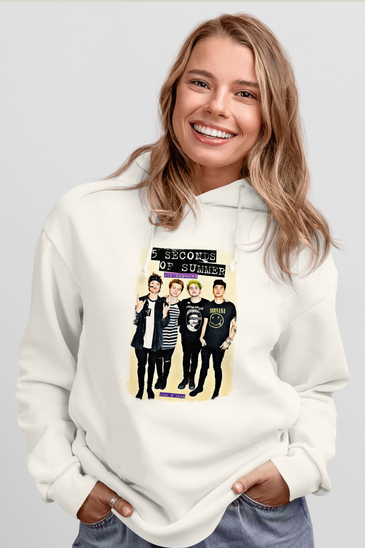 5 Seconds Of Summer Baskılı Unisex Beyaz Hoodie