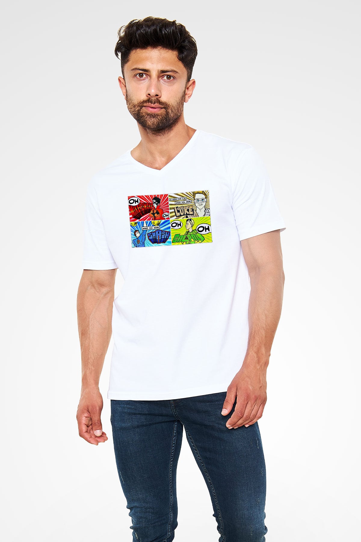 5 Seconds Of Summer Baskılı Unisex Beyaz V Yaka Tişört