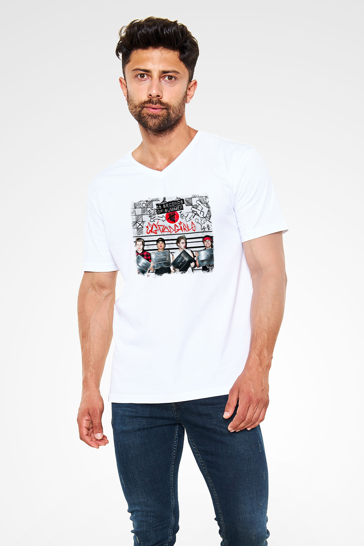 5 Seconds Of Summer Baskılı Unisex Beyaz V Yaka Tişört