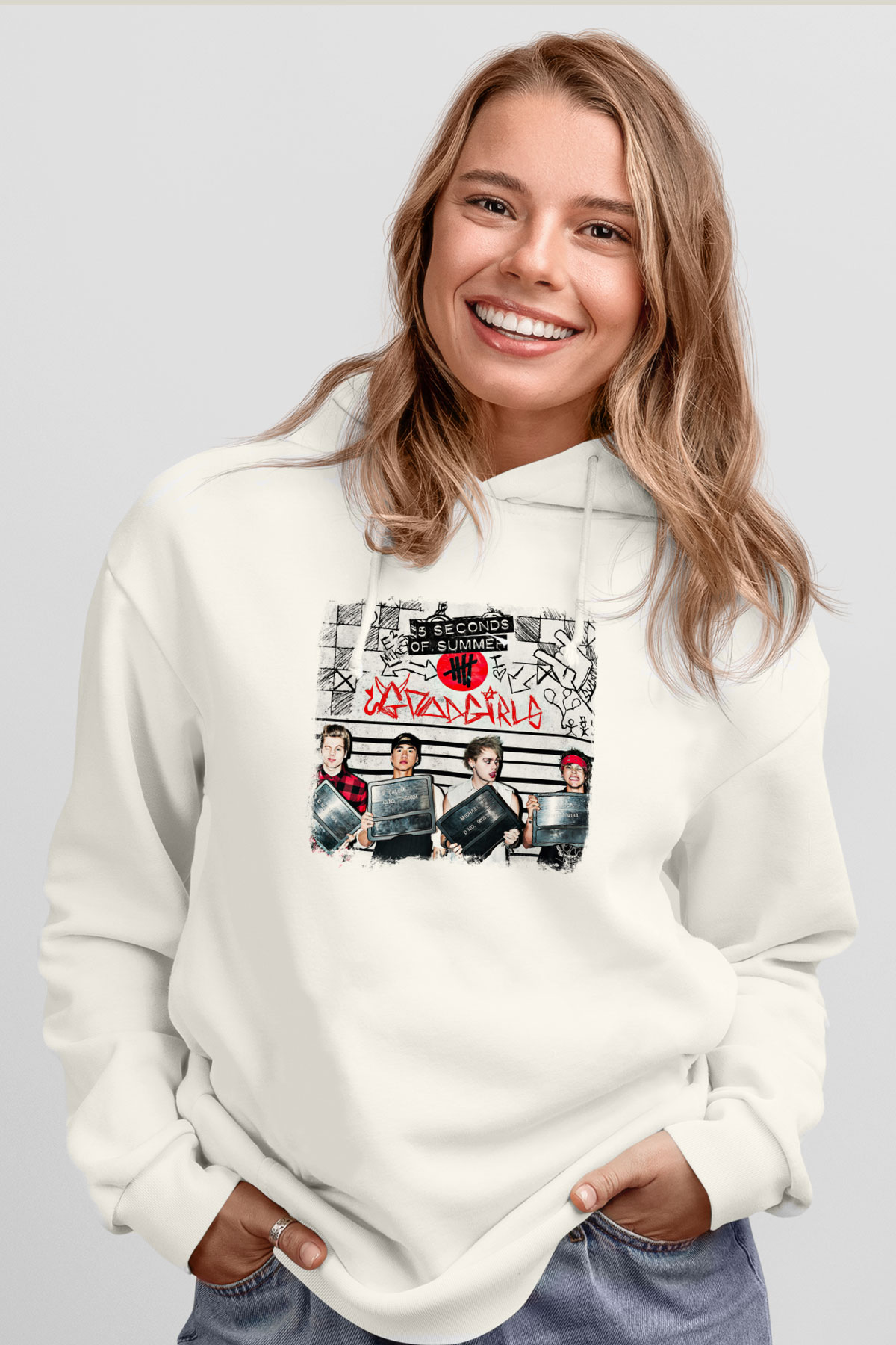 5 Seconds Of Summer Baskılı Unisex Beyaz Hoodie
