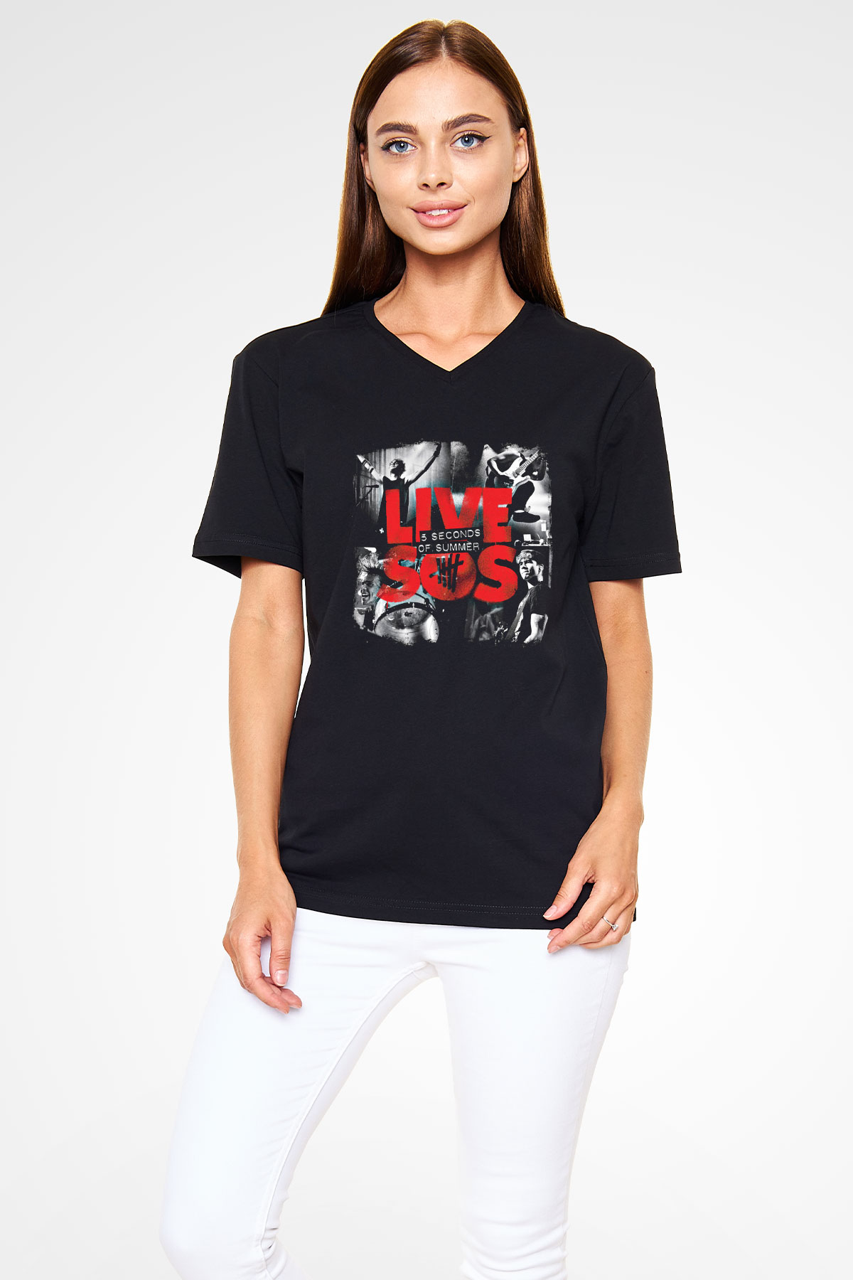 5 Seconds Of Summer Baskılı Unisex Siyah V Yaka Tişört
