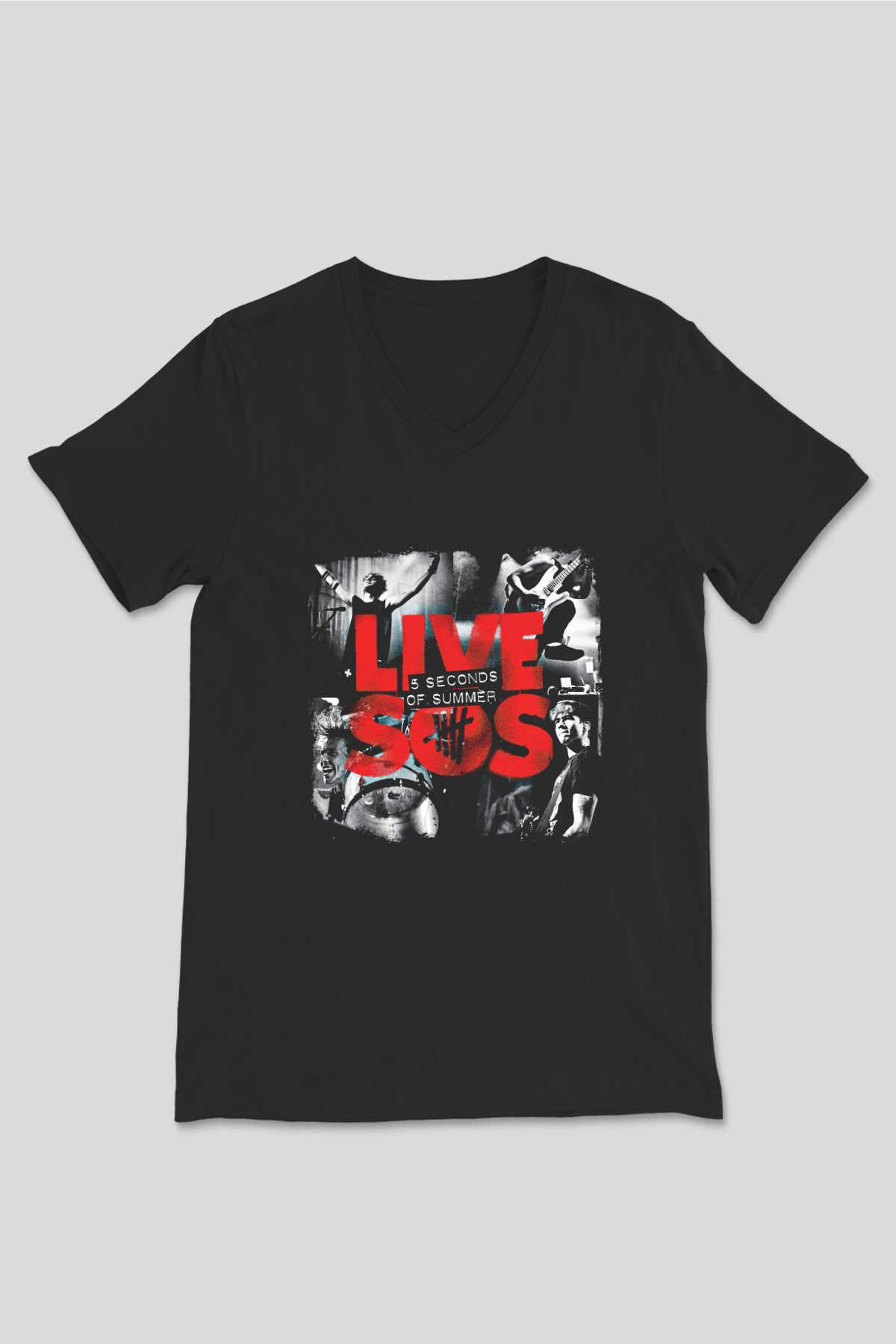 5 Seconds Of Summer Baskılı Unisex Siyah V Yaka Tişört