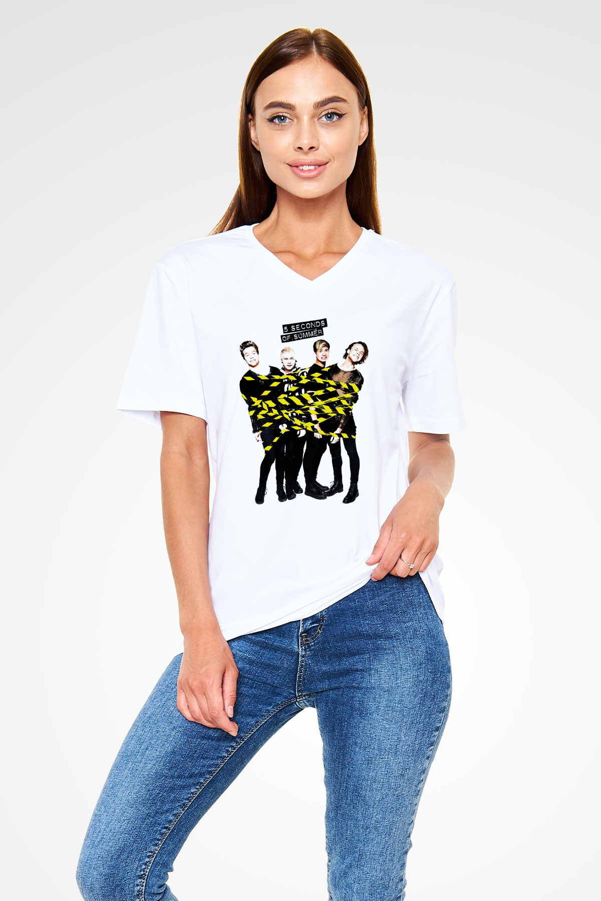 5 Seconds Of Summer Beyaz Unisex V Yaka Tişört T-Shirt
