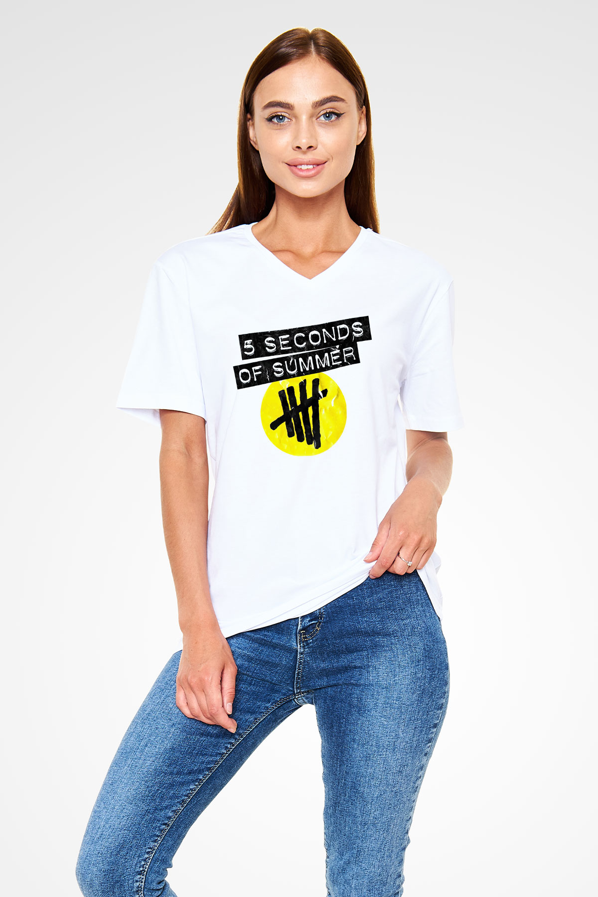 5 Seconds Of Summer Beyaz Unisex V Yaka Tişört T-Shirt