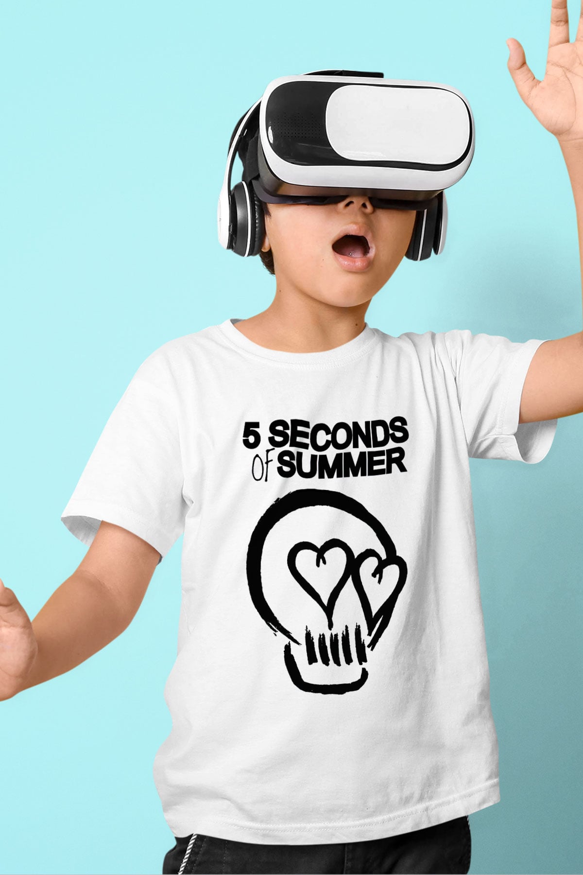 5 Seconds Of Summer Skull Logo Baskılı Beyaz Unisex Çocuk Tişört
