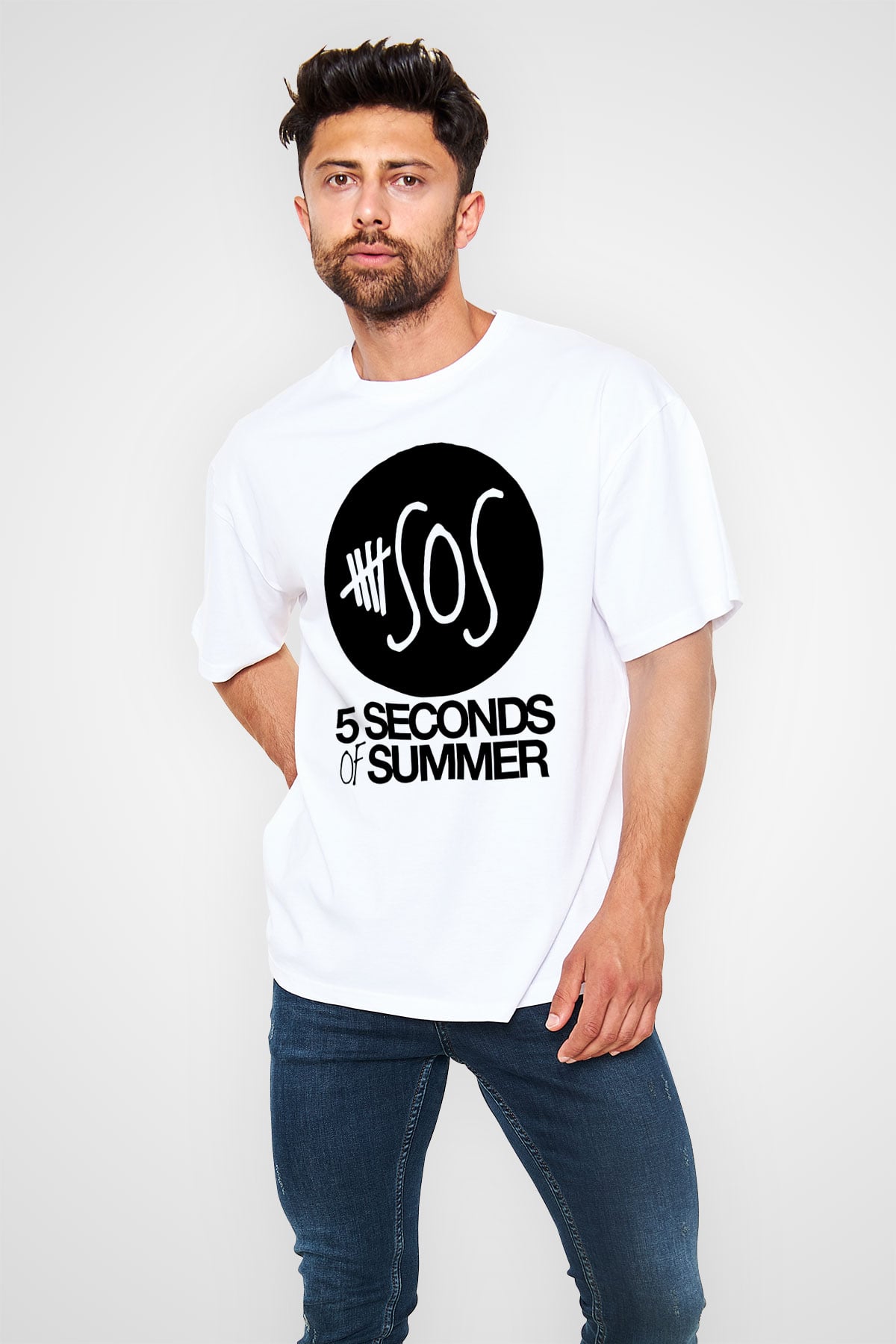 5 Seconds Of Summer SOS Logo Beyaz Unisex Oversize Tişört T-Shirt