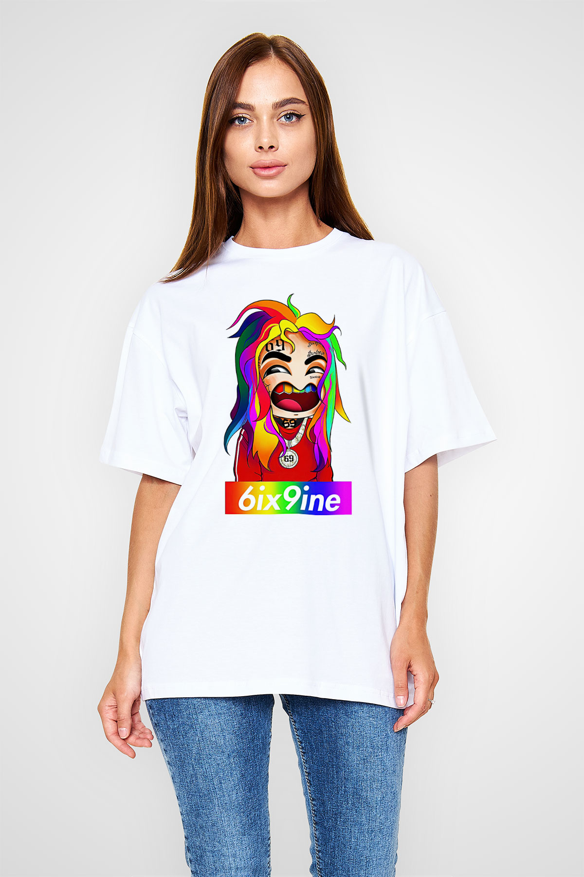 6ix9ine Baskılı Beyaz Unisex Oversize Tişört - Tshirt