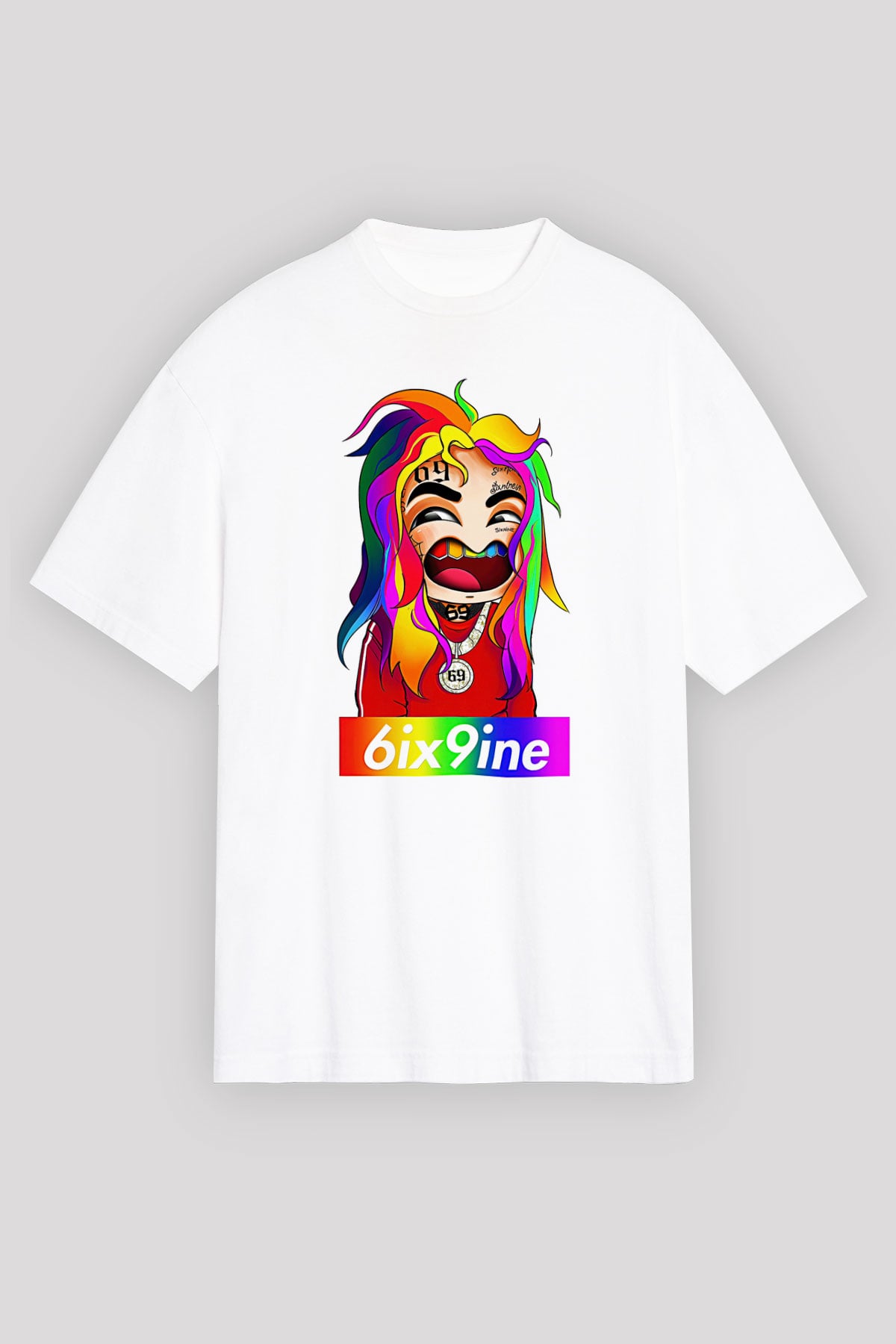 6ix9ine Baskılı Beyaz Unisex Oversize Tişört - Tshirt