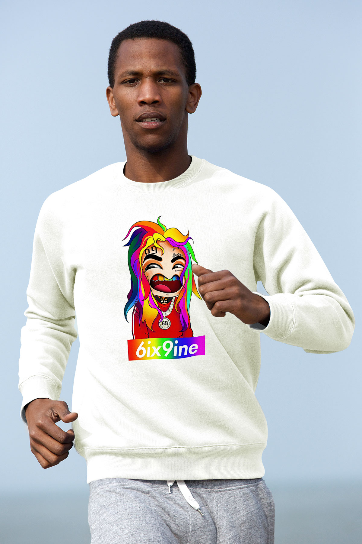 6ix9ine Baskılı Beyaz Unisex Sweatshirt