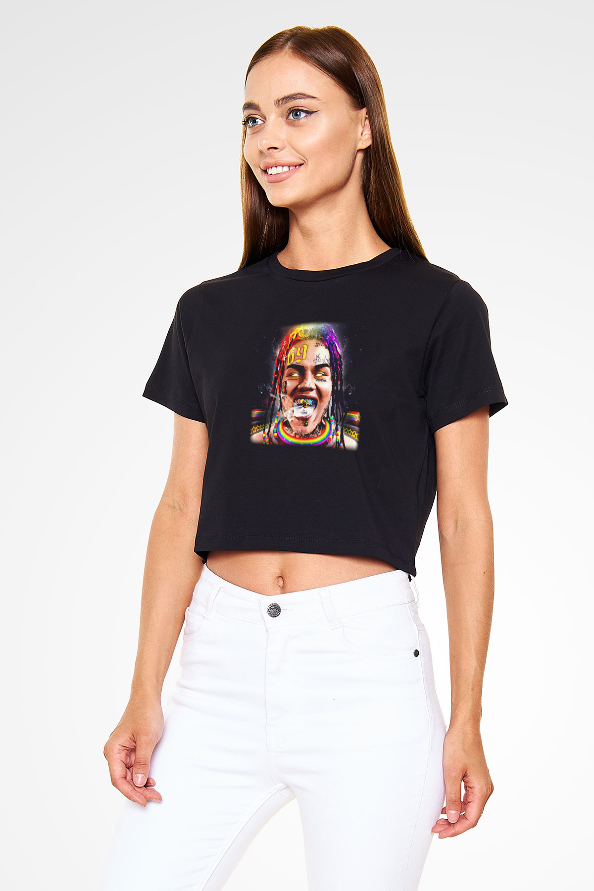 6ix9ine Baskılı Siyah Crop Top Kadın Tişört - Tshirt