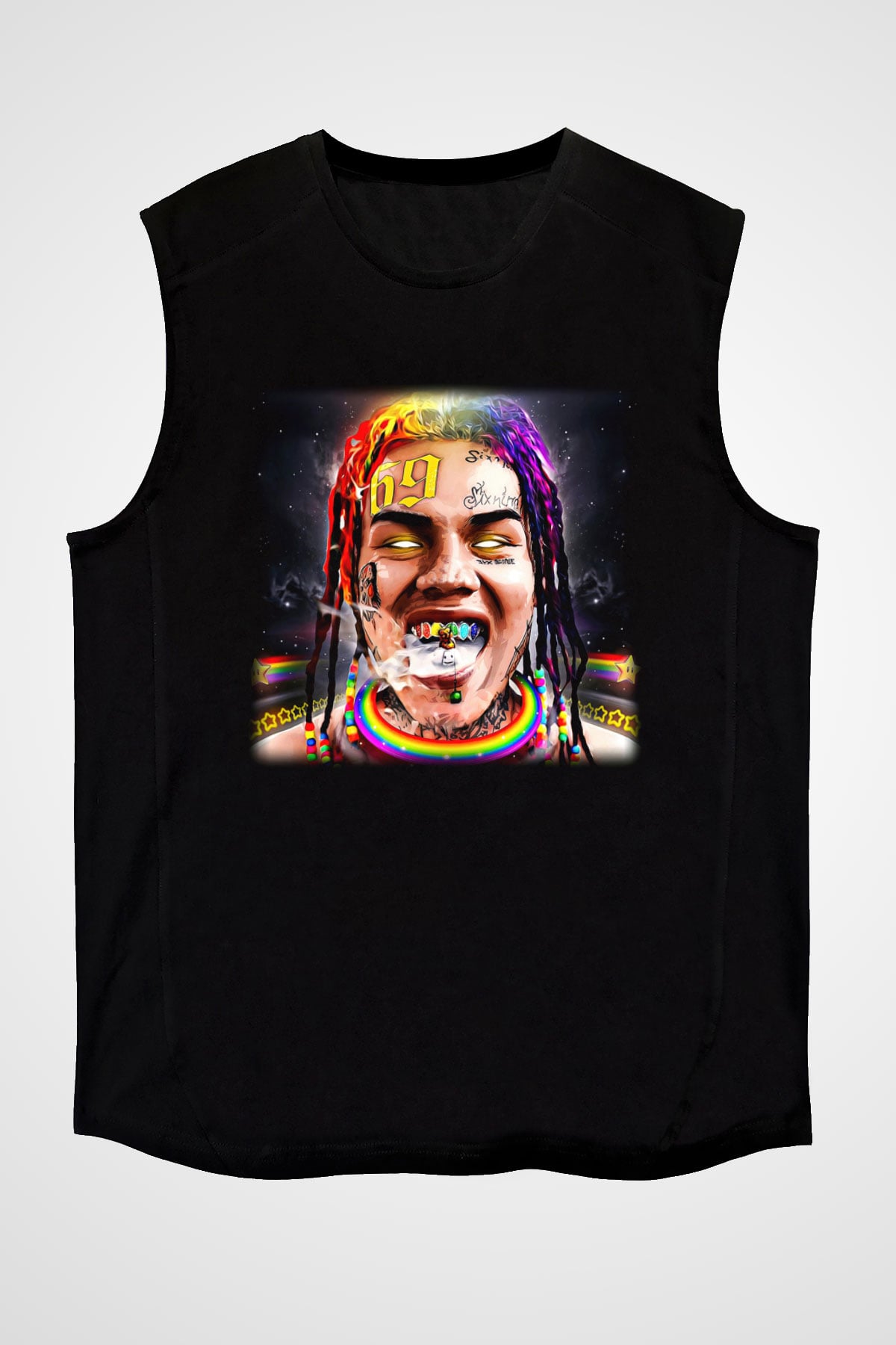 6ix9ine Baskılı Unisex Siyah Kolsuz Tişört - Tshirt