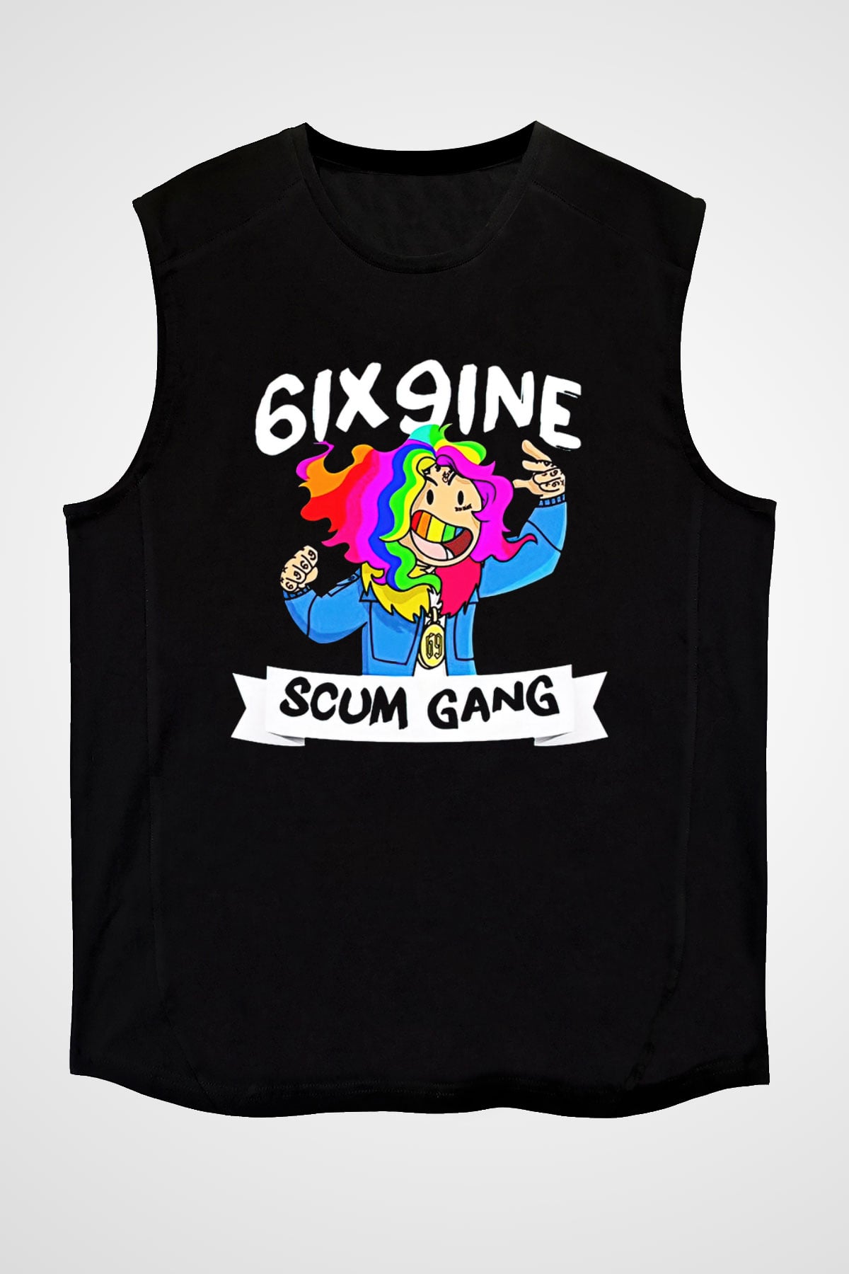 6ix9ine Baskılı Unisex Siyah Kolsuz Tişört - Tshirt